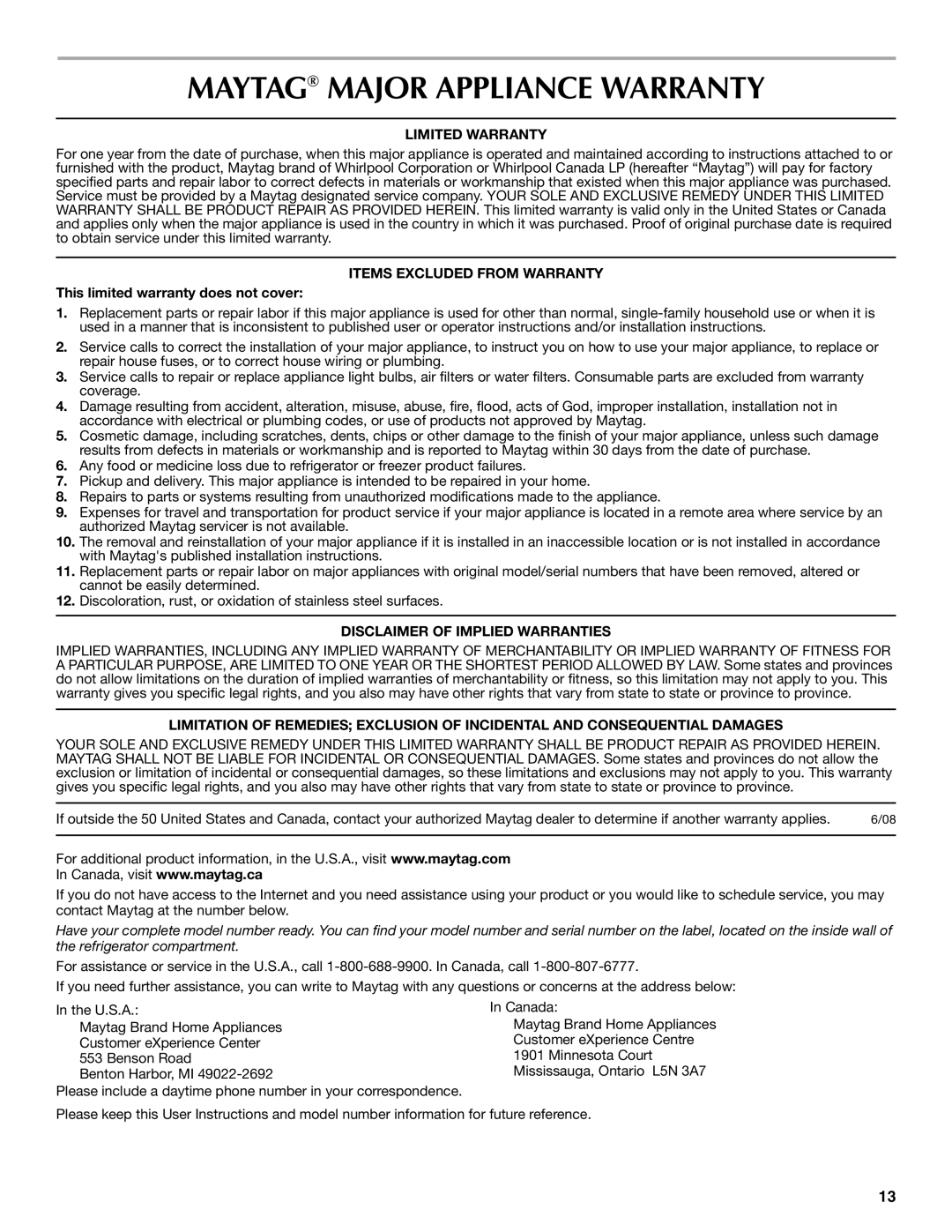 Maytag MTB2254EEW installation instructions Maytag Major Appliance Warranty, Limited Warranty, Items Excluded from Warranty 