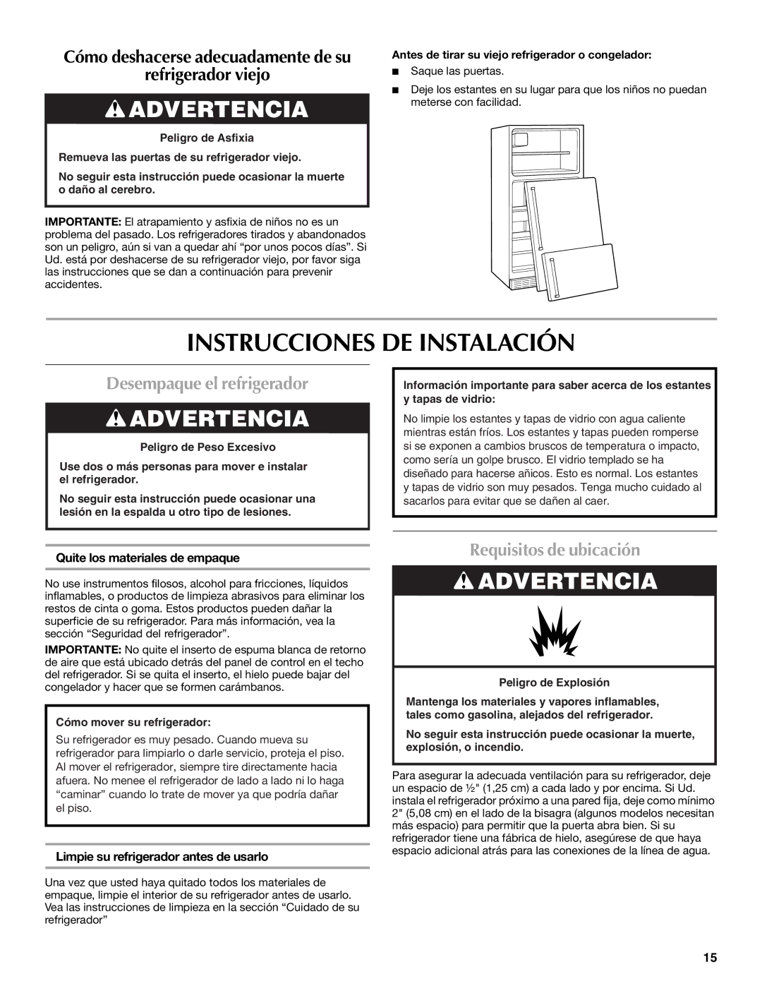 Maytag MTB2254EEW Instrucciones DE Instalación, Desempaque el refrigerador, Requisitos de ubicación 