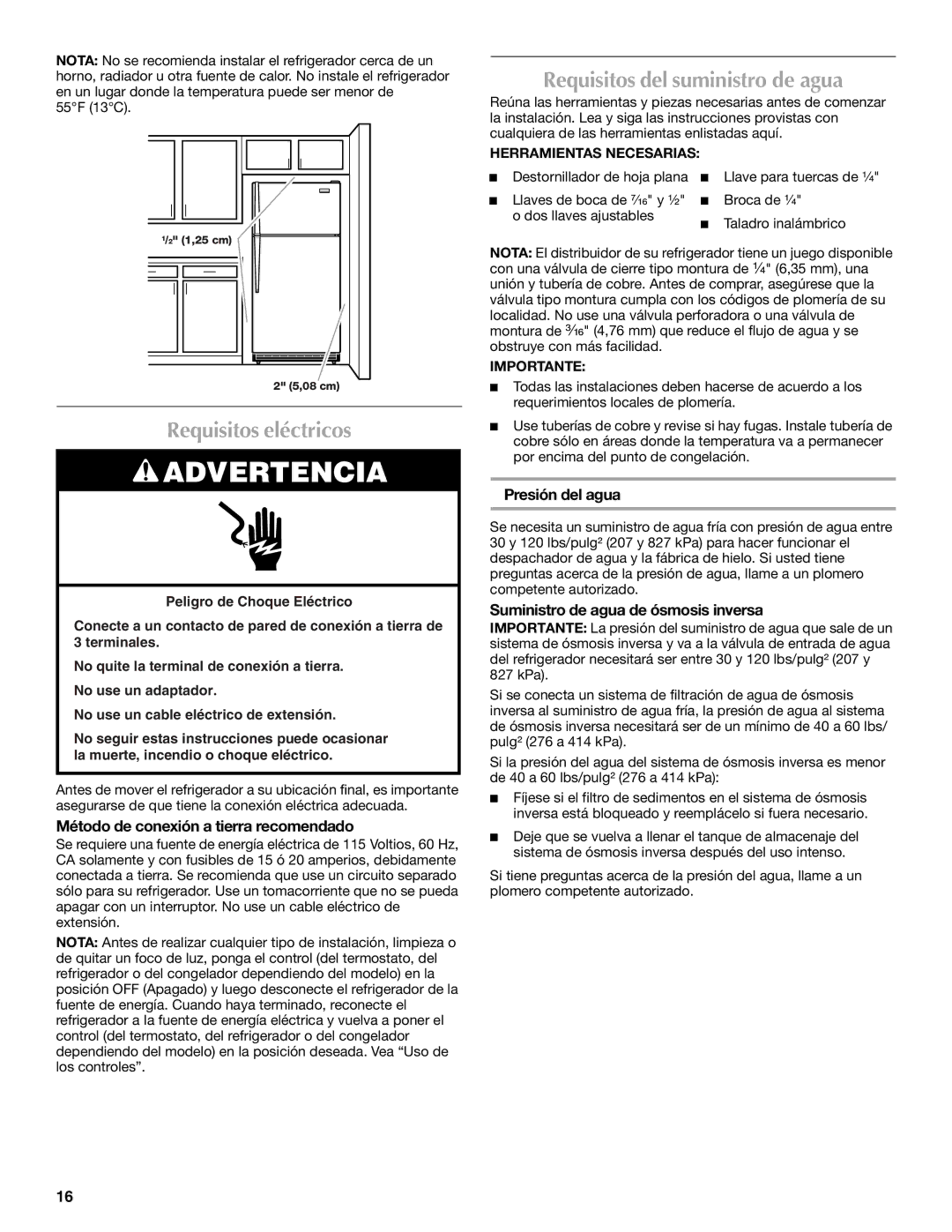 Maytag MTB2254EEW Requisitos eléctricos, Requisitos del suministro de agua, Método de conexión a tierra recomendado 