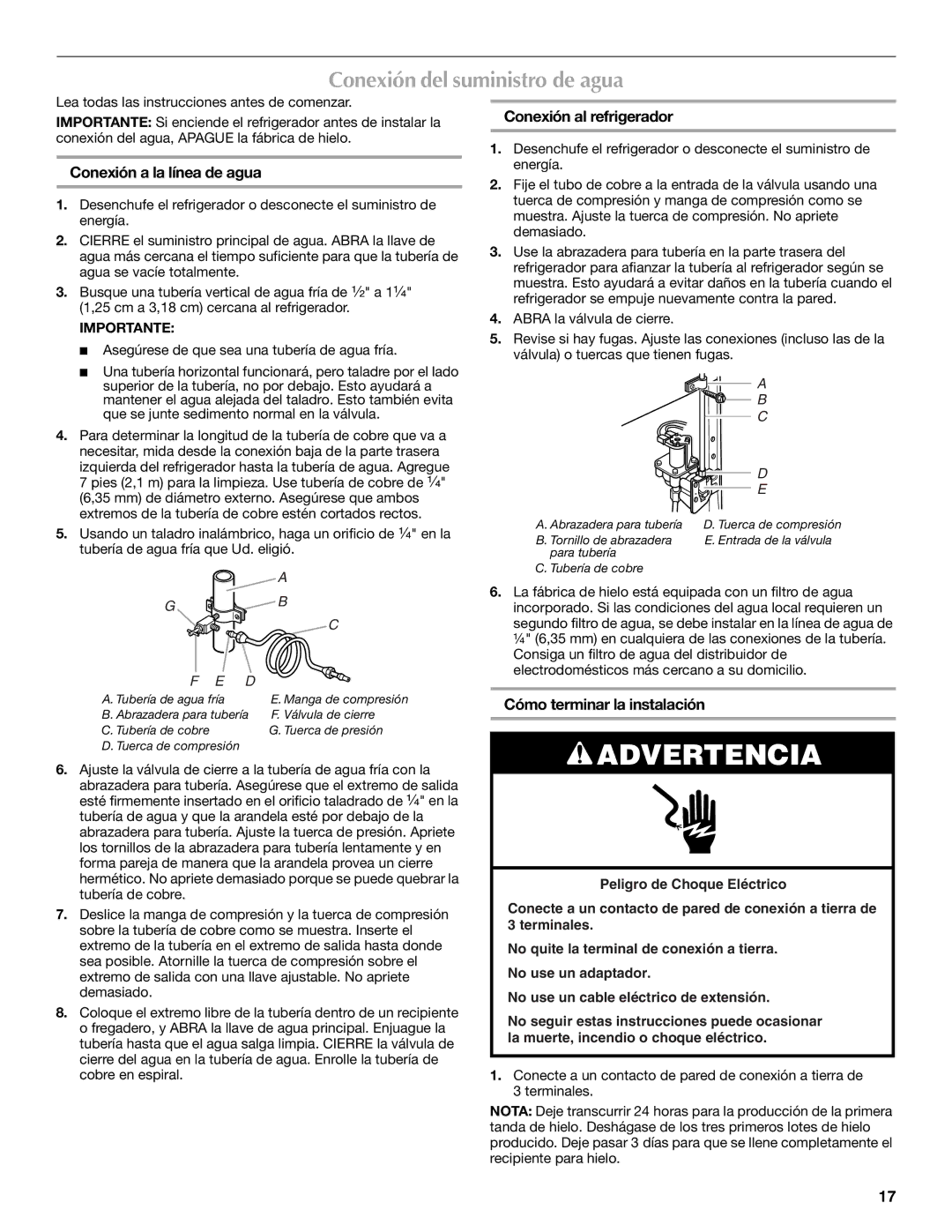 Maytag MTB2254EEW Conexión del suministro de agua, Conexión a la línea de agua, Conexión al refrigerador 