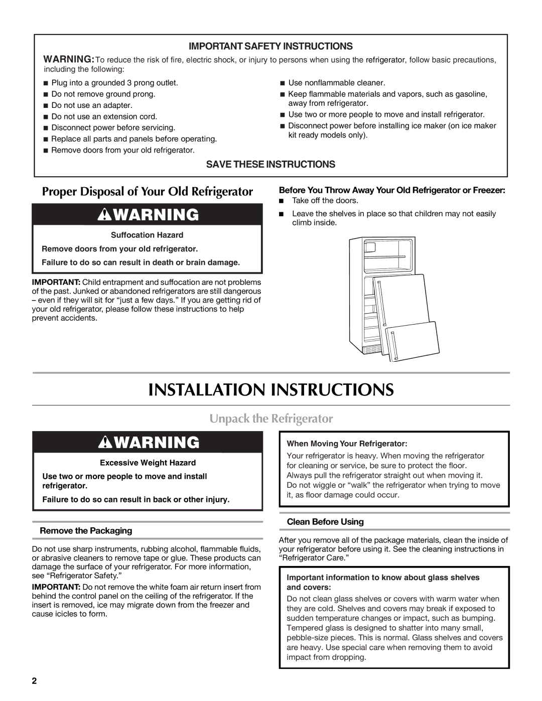 Maytag MTB2254EEW Installation Instructions, Unpack the Refrigerator, Remove the Packaging, Clean Before Using 