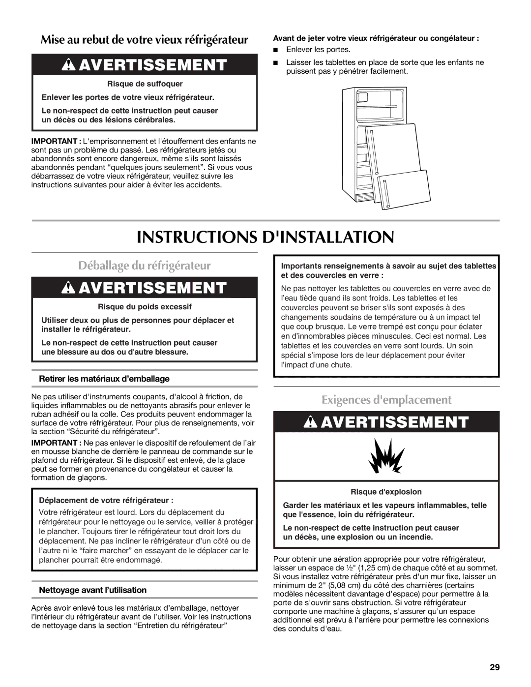 Maytag MTB2254EEW installation instructions Instructions Dinstallation, Déballage du réfrigérateur, Exigences demplacement 