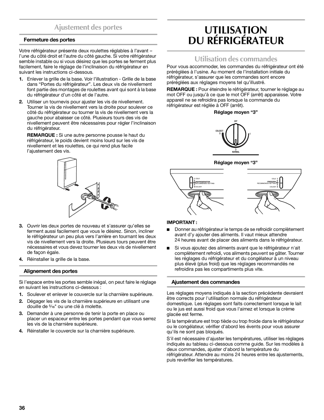 Maytag MTB2254EEW installation instructions Utilisation DU Réfrigérateur, Ajustement des portes, Utilisation des commandes 