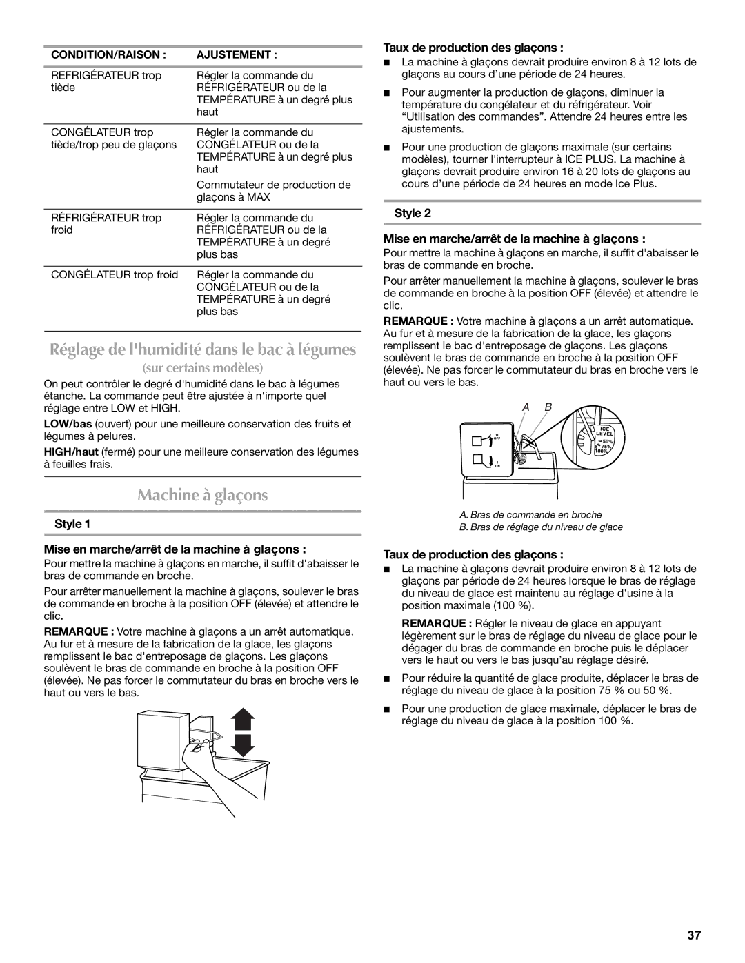 Maytag MTB2254EEW Machine à glaçons, Style Mise en marche/arrêt de la machine à glaçons, Taux de production des glaçons 