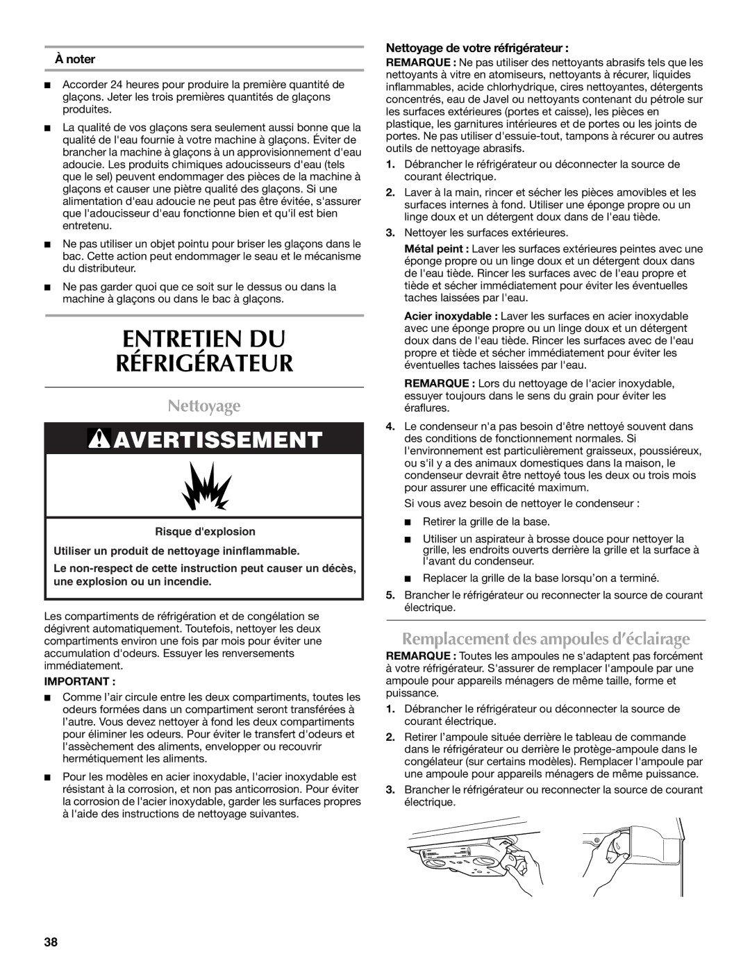 Maytag MTB2254EEW installation instructions Entretien DU Réfrigérateur, Nettoyage, Remplacement des ampoules d’éclairage 