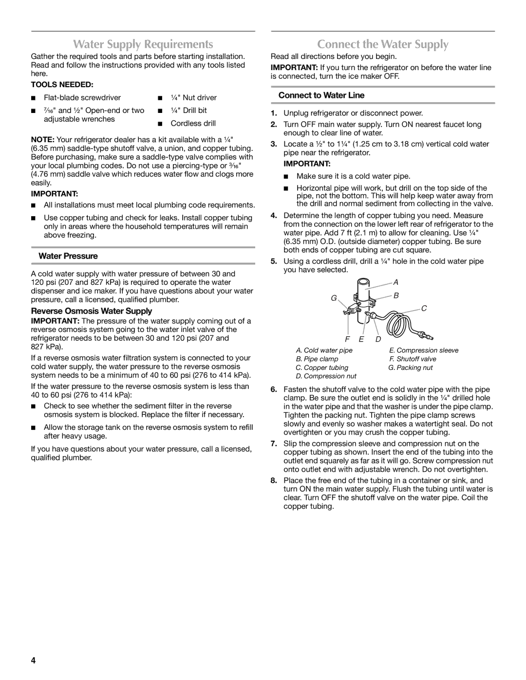 Maytag MTB2254EEW Water Supply Requirements, Connect the Water Supply, Water Pressure, Reverse Osmosis Water Supply 