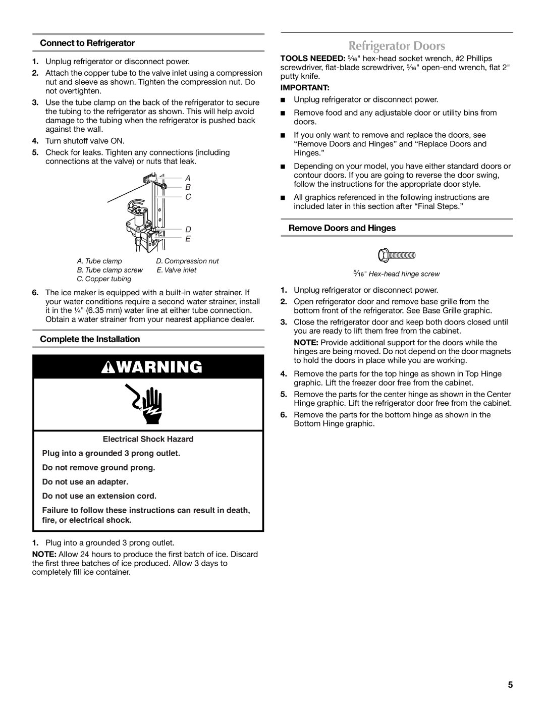 Maytag MTB2254EEW Refrigerator Doors, Connect to Refrigerator, Complete the Installation, Remove Doors and Hinges 