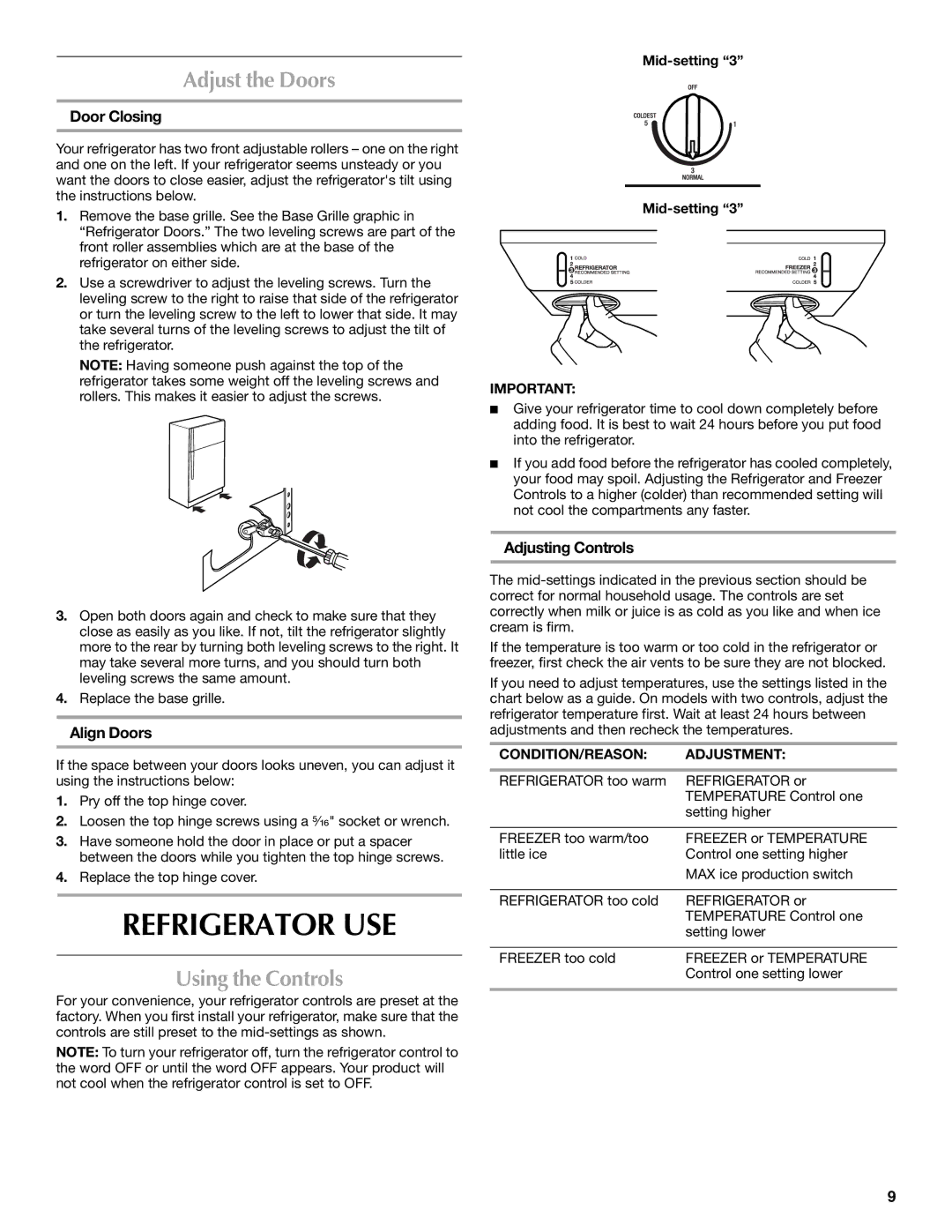 Maytag MTB2254EEW installation instructions Refrigerator USE, Adjust the Doors, Using the Controls 