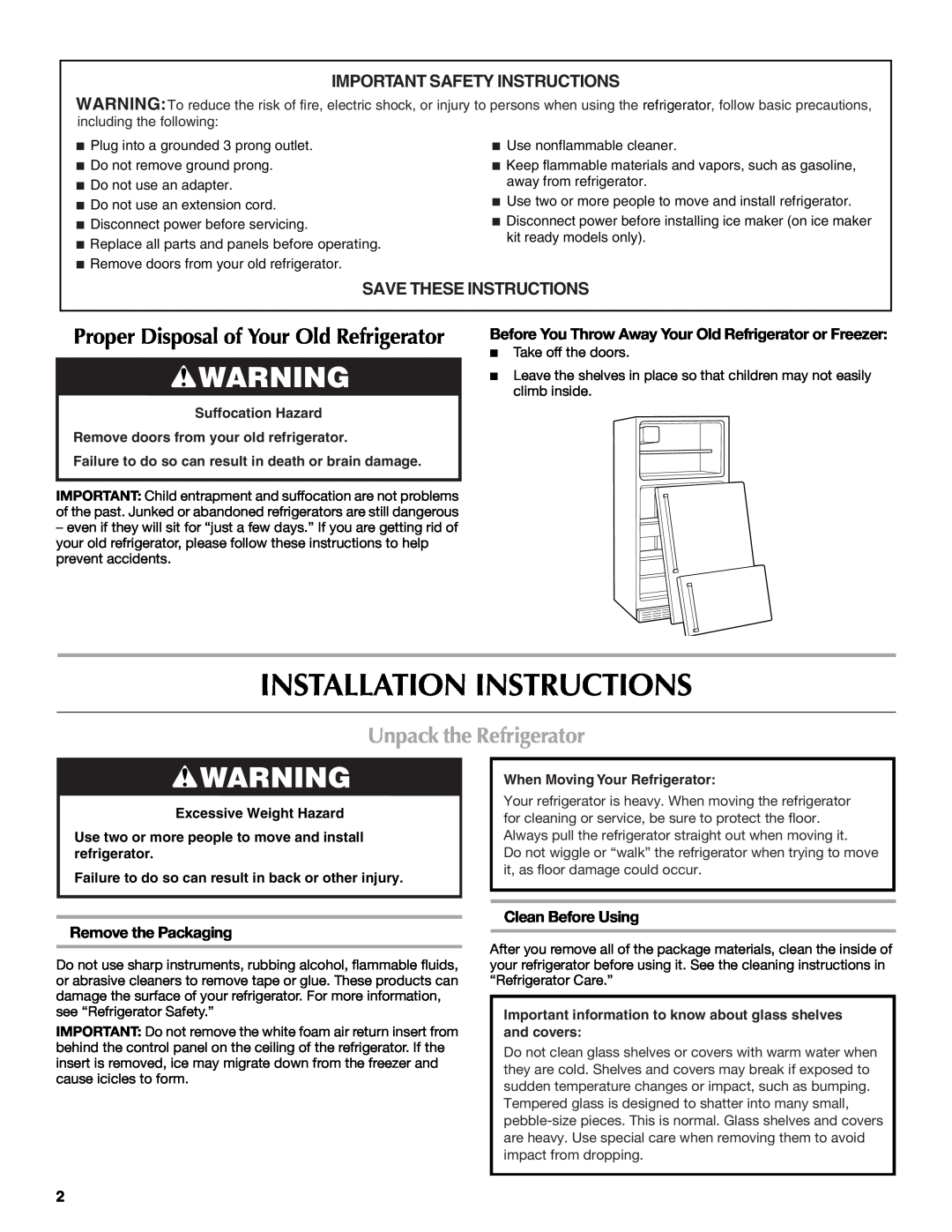 Maytag MTB2254EEW Installation Instructions, Unpack the Refrigerator, Important Safety Instructions, Remove the Packaging 