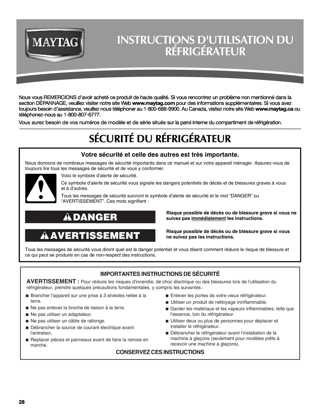Maytag MTB2254EEW Instructions Dutilisation Du Réfrigérateur, Sécurité Du Réfrigérateur, Danger Avertissement 