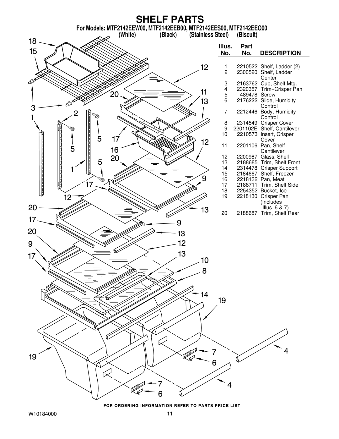 Maytag MTF2142EEB00, MTF2142EES00, MTF2142EEW00, MTF2142EEQ00 manual Shelf Parts, Illus Part 