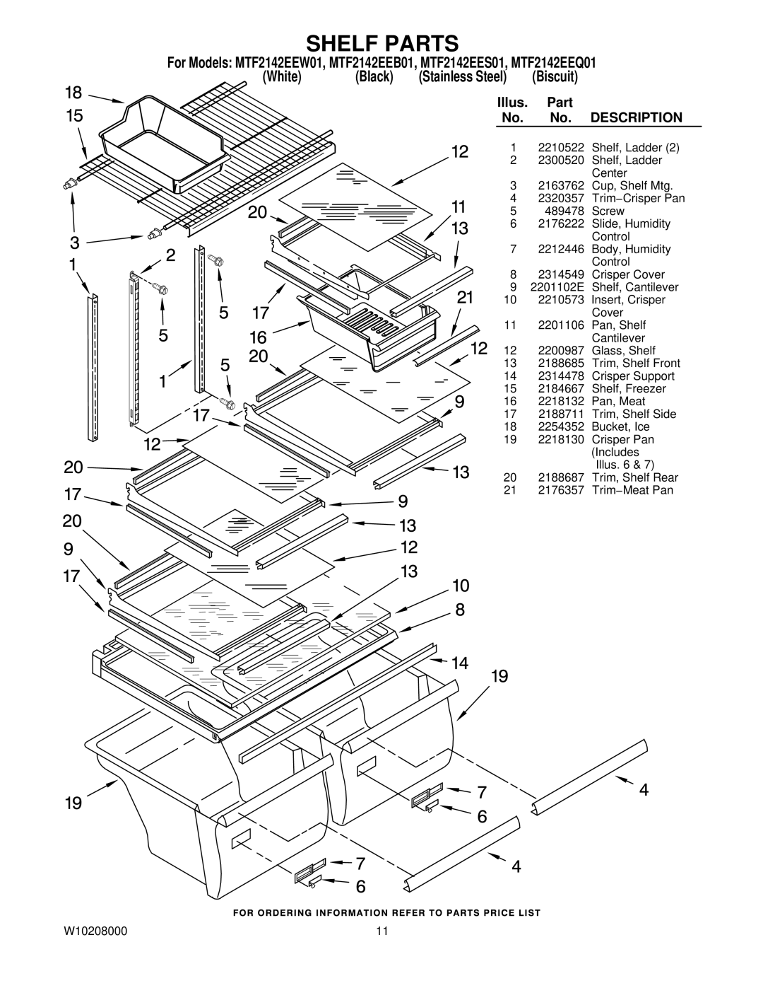 Maytag MTF2142EEB01, MTF2142EEW01, MTF2142EEQ01 manual Shelf Parts, Illus Part 