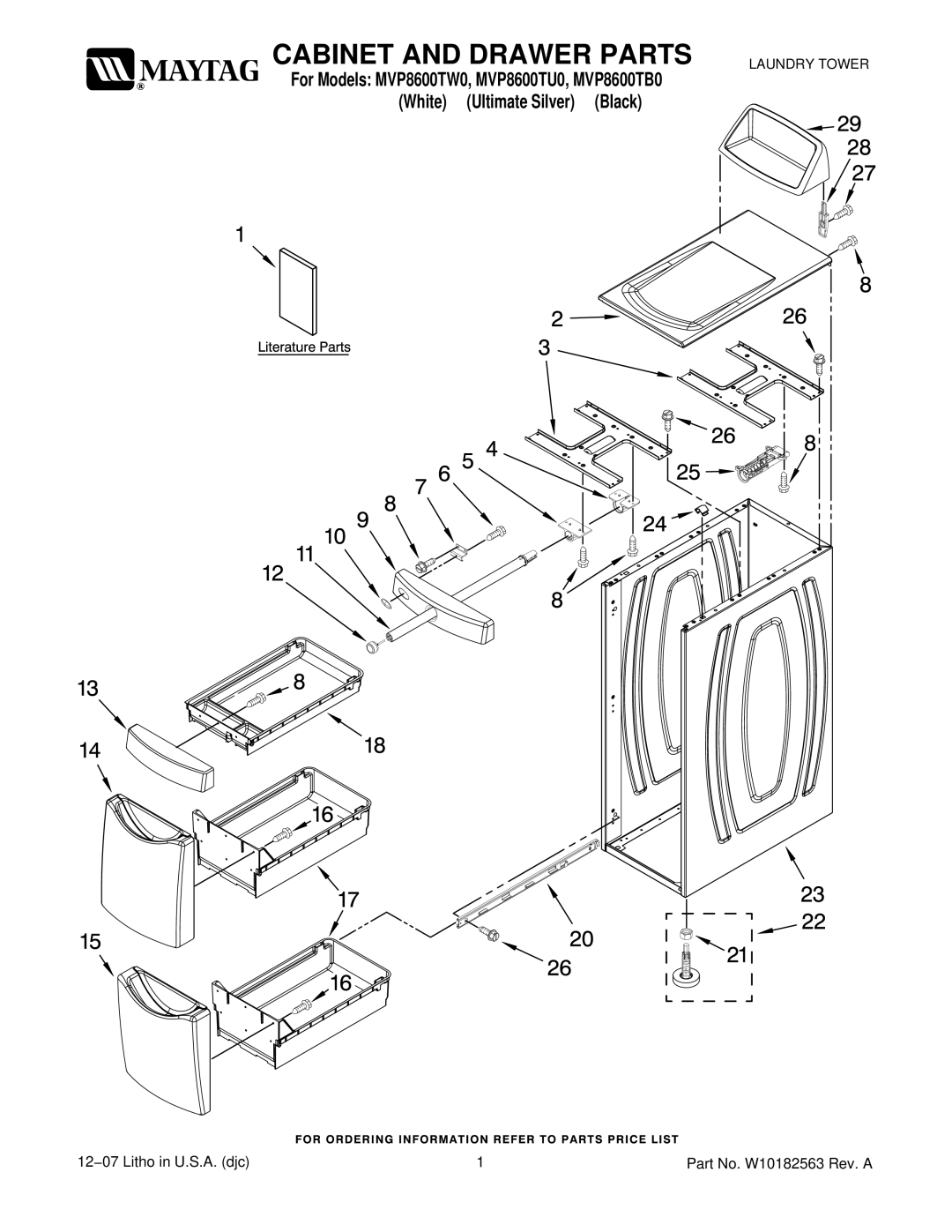 Maytag MVP8600TB0, MVP8600TW0, MVP8600TU0 manual Cabinet and Drawer Parts 