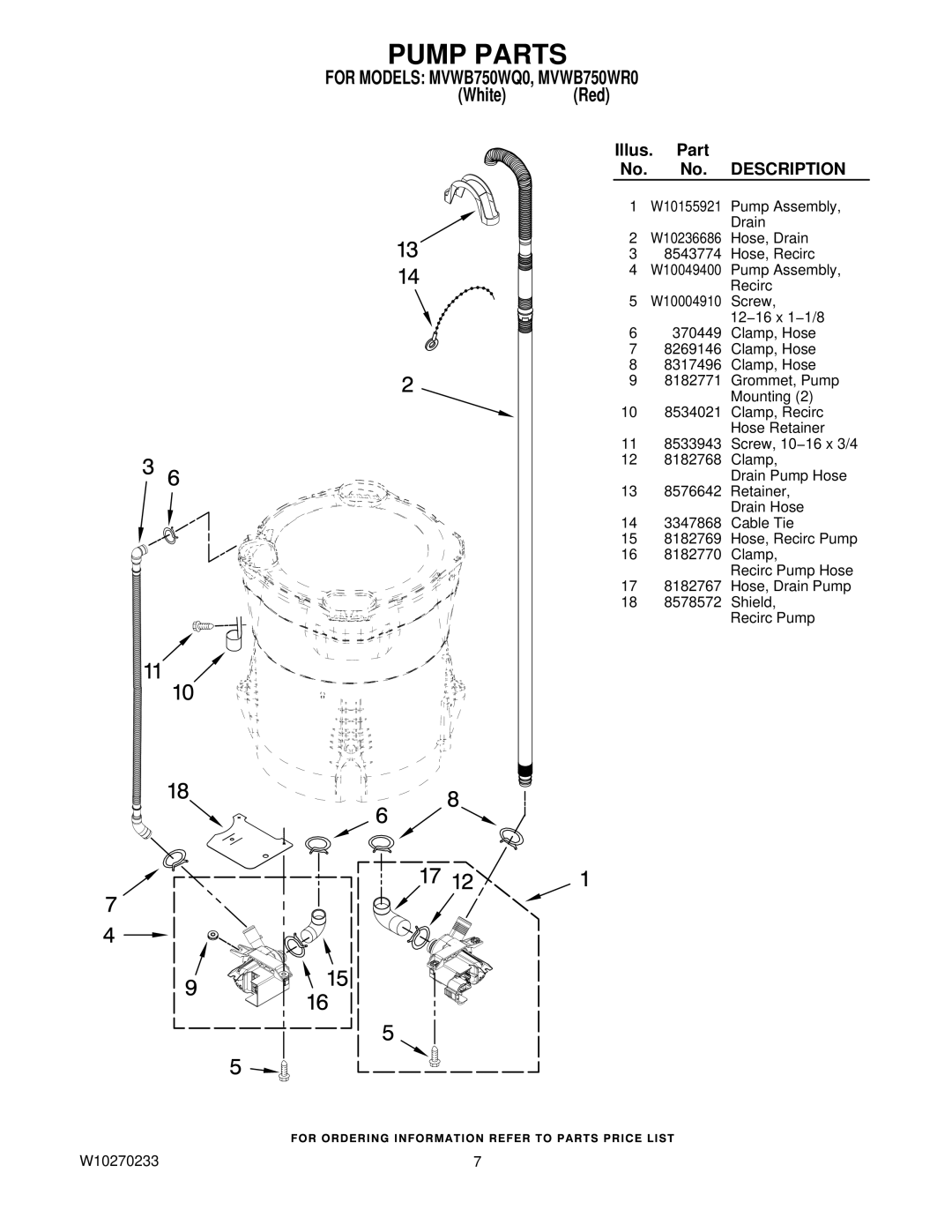 Maytag MVWB750WR0, MVWB750WQ0 manual Pump Parts, Description 