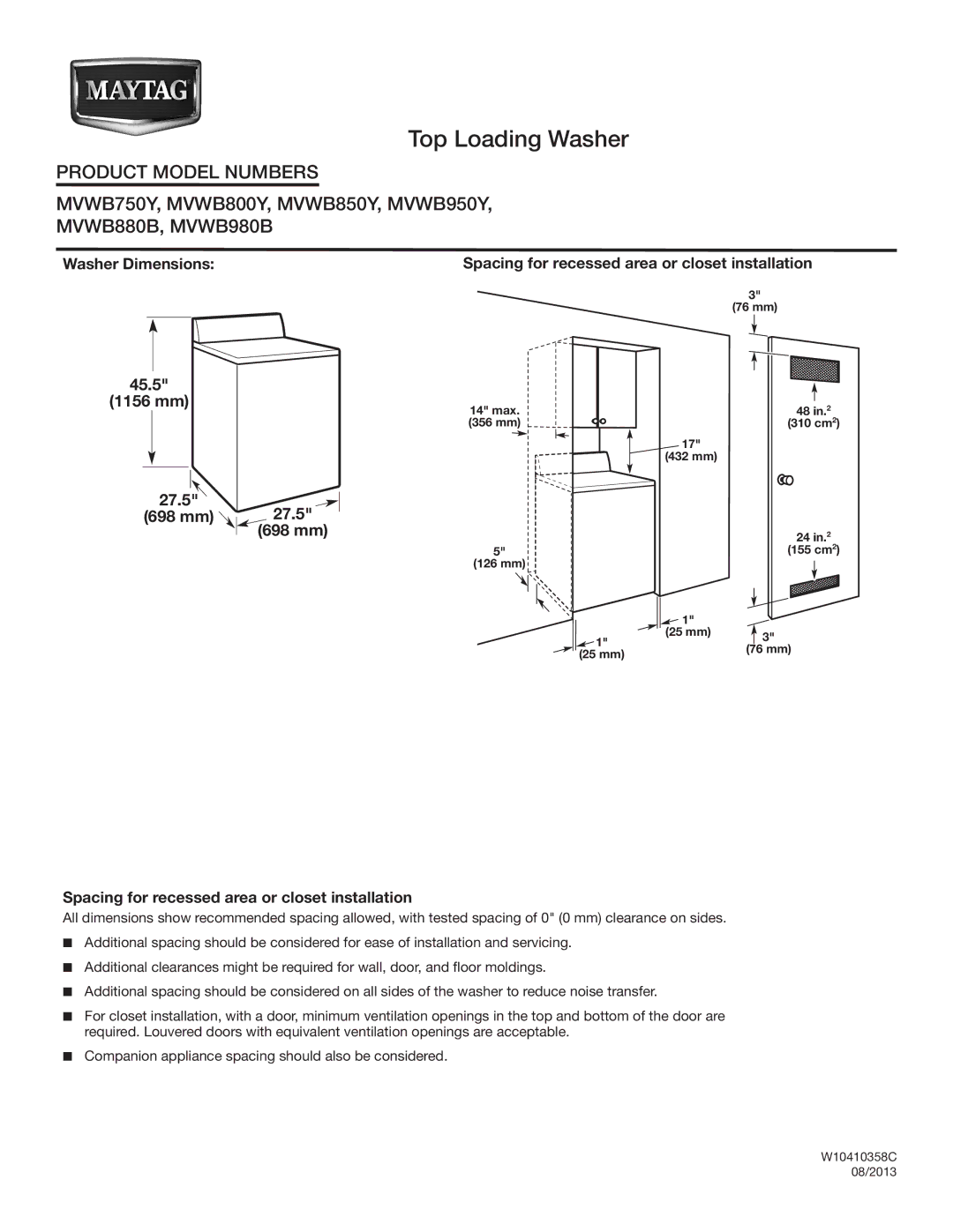 Maytag MVWB750Y, MVWB880B, MVWB850Y, MVWB980B, MVWB950Y, MVWB800Y dimensions Top Loading Washer, 45.5 1156 mm 27.5 698 mm 