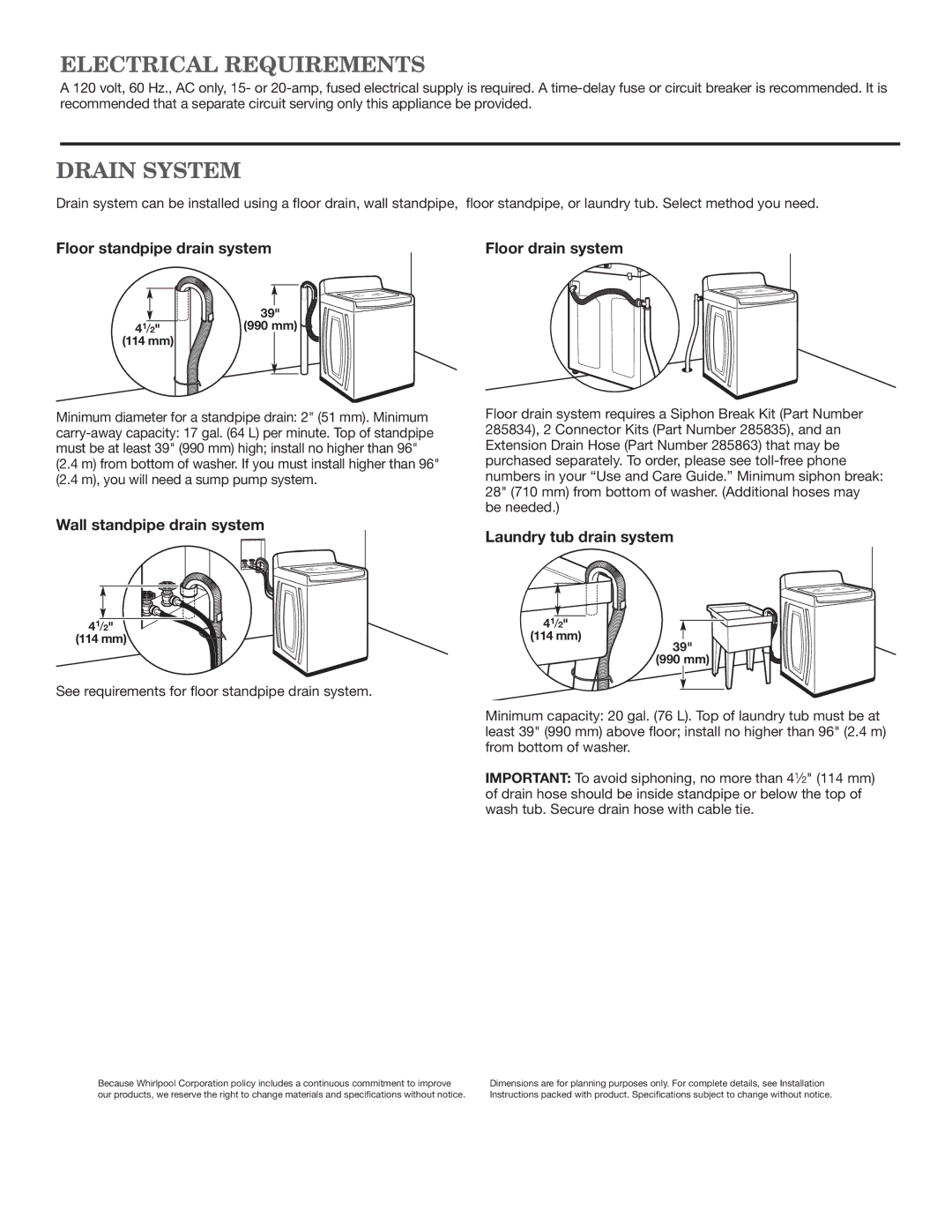 Maytag MVWB850Y, MVWB880B, MVWB750Y, MVWB980B, MVWB950Y, MVWB800Y dimensions Electrical Requirements, Drain System 