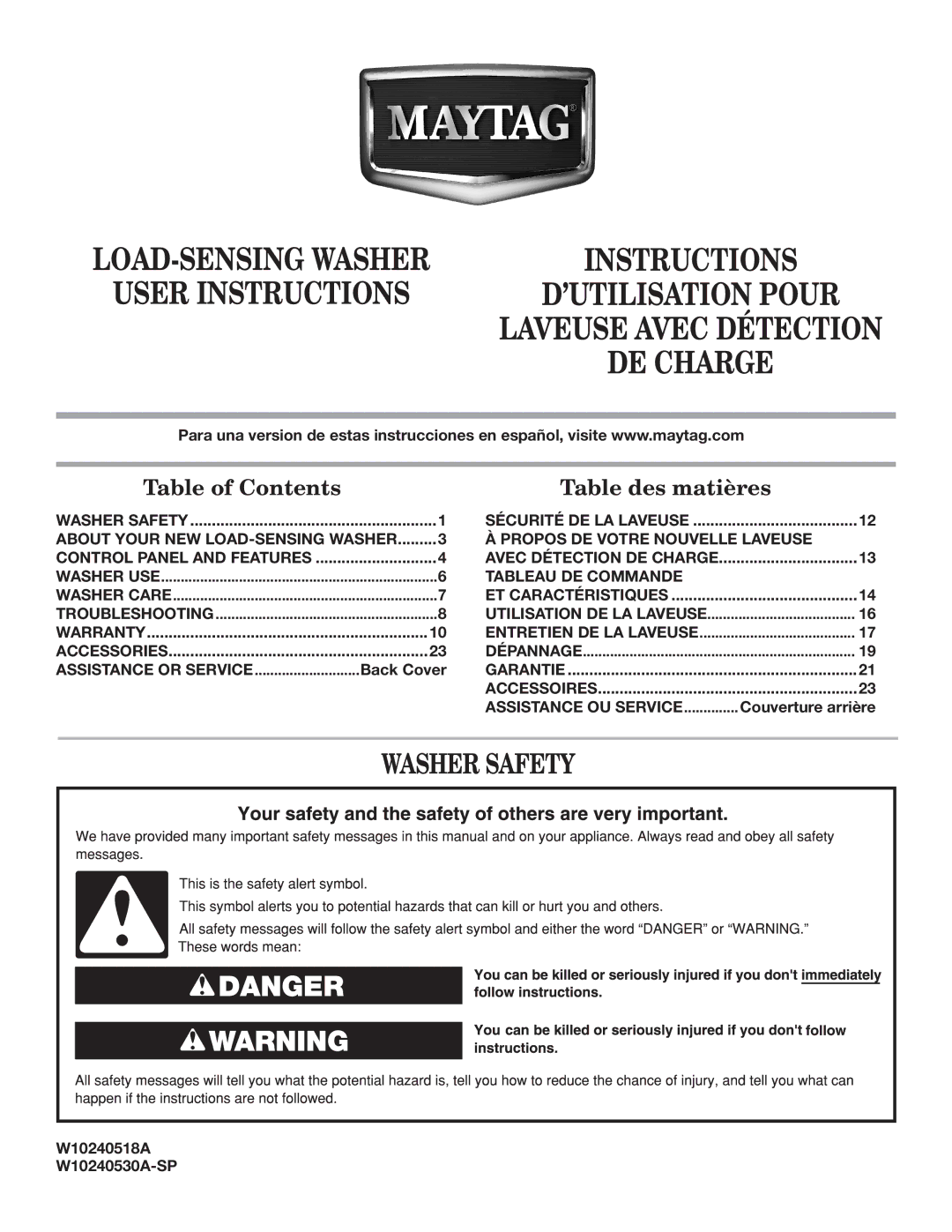 Maytag MVWC7ESWW warranty User Instructions ’UTILISATION Pour, Washer Safety 