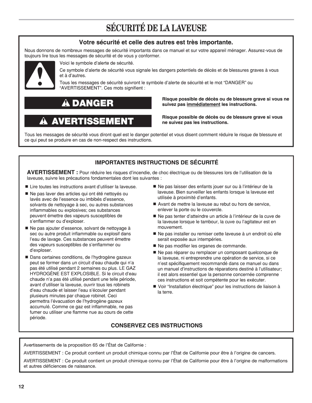 Maytag MVWC7ESWW warranty Sécurité DE LA Laveuse 