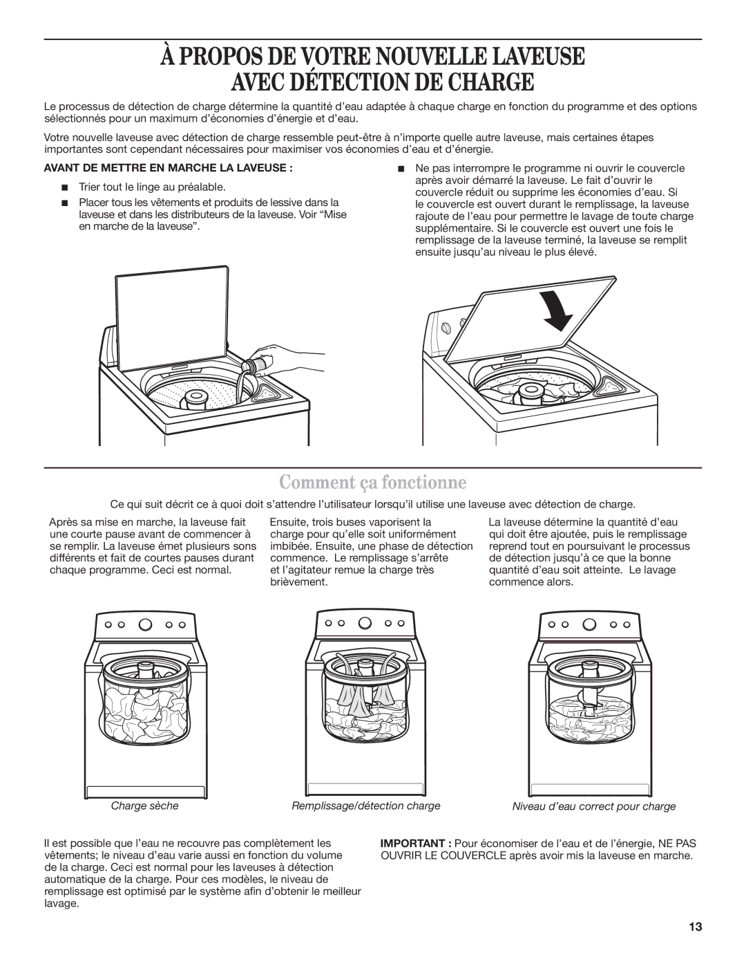 Maytag MVWC7ESWW warranty Comment ça fonctionne, Avant DE Mettre EN Marche LA Laveuse 