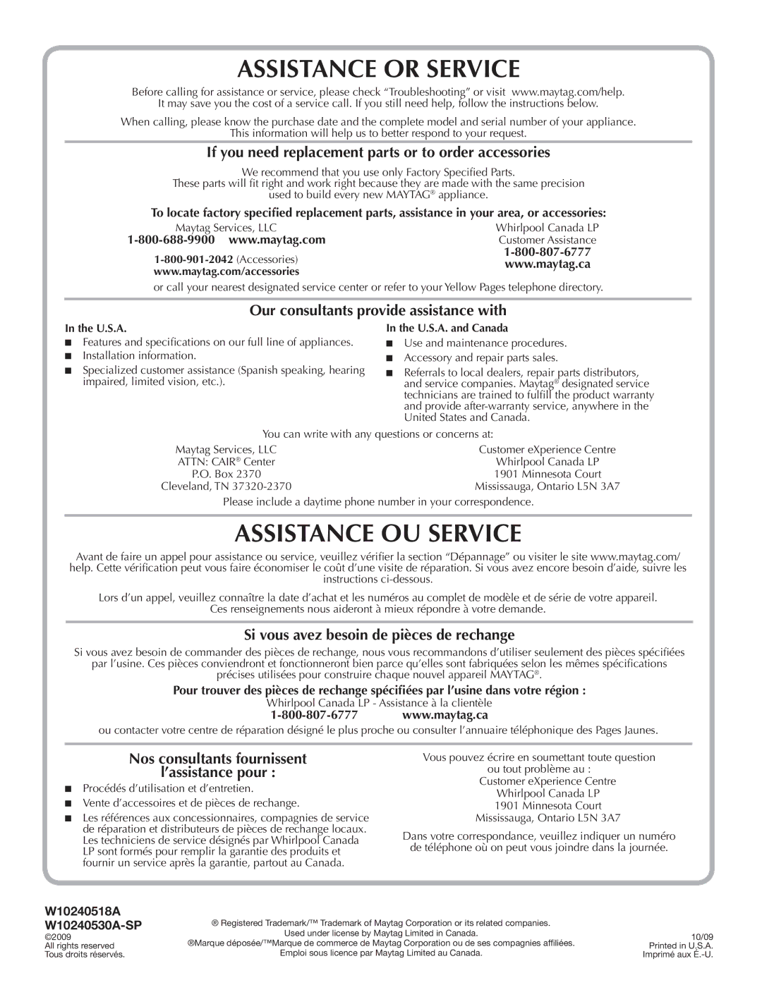 Maytag MVWC7ESWW warranty W10240518A W10240530A-SP, U.S.A. and Canada 