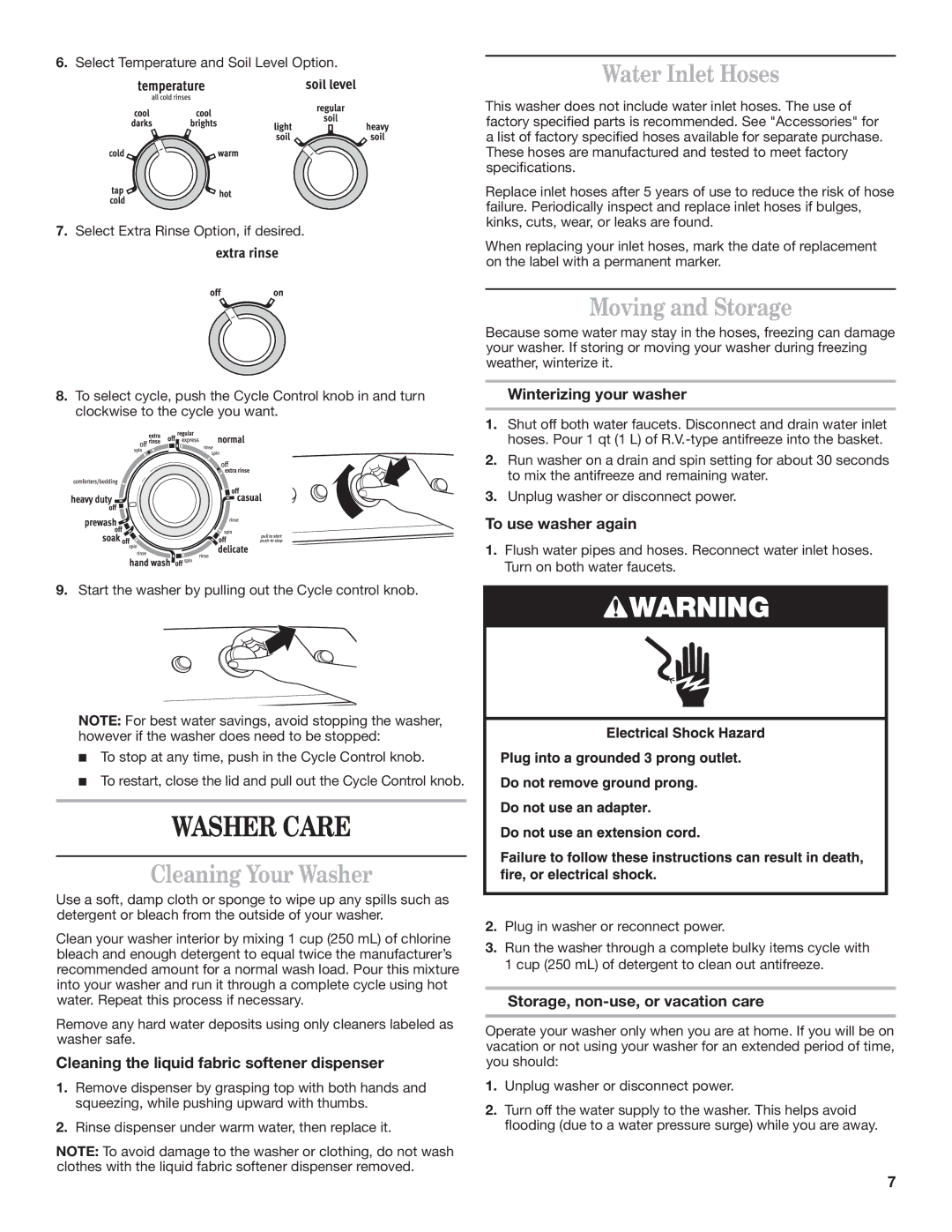 Maytag MVWC7ESWW warranty Washer Care, Water Inlet Hoses, Moving and Storage, Cleaning Your Washer 