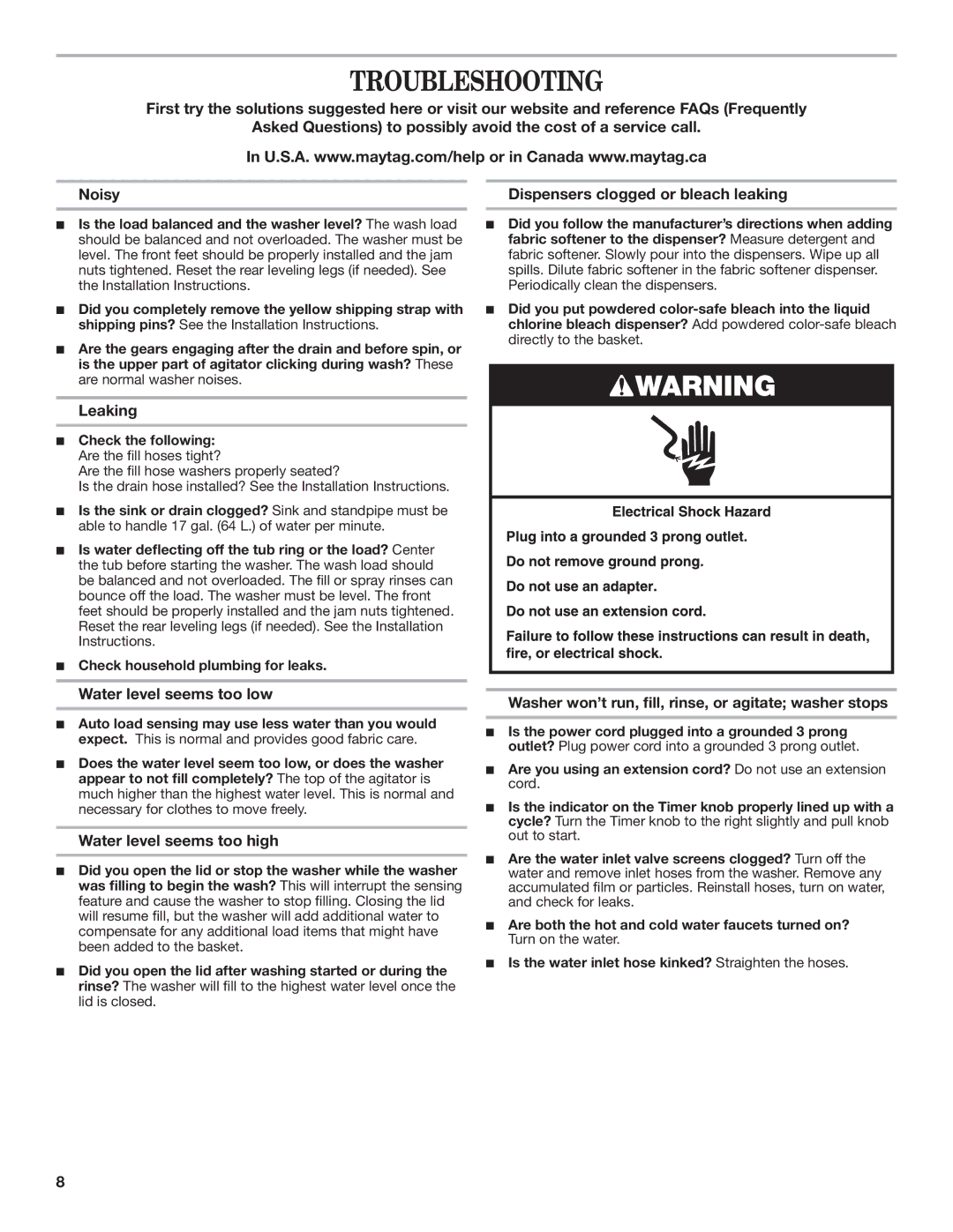 Maytag MVWC7ESWW warranty Troubleshooting, Leaking, Water level seems too low, Water level seems too high 