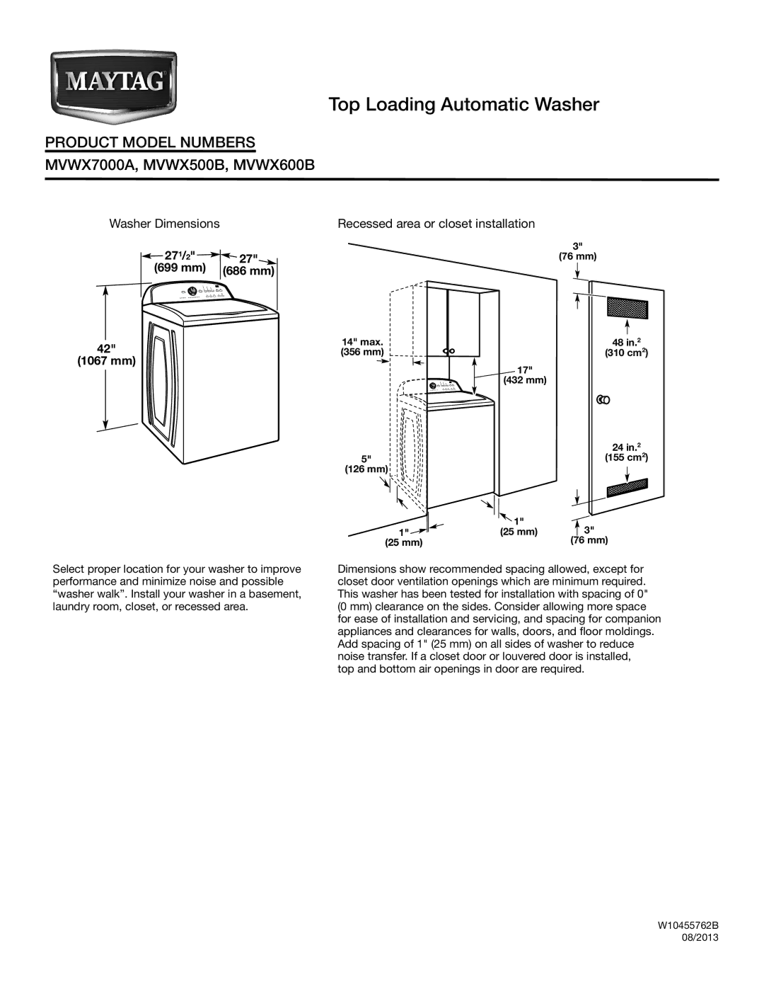 Maytag MVWX7000A, MVWX500B, MVWX600B dimensions 27 1, 1067 mm 