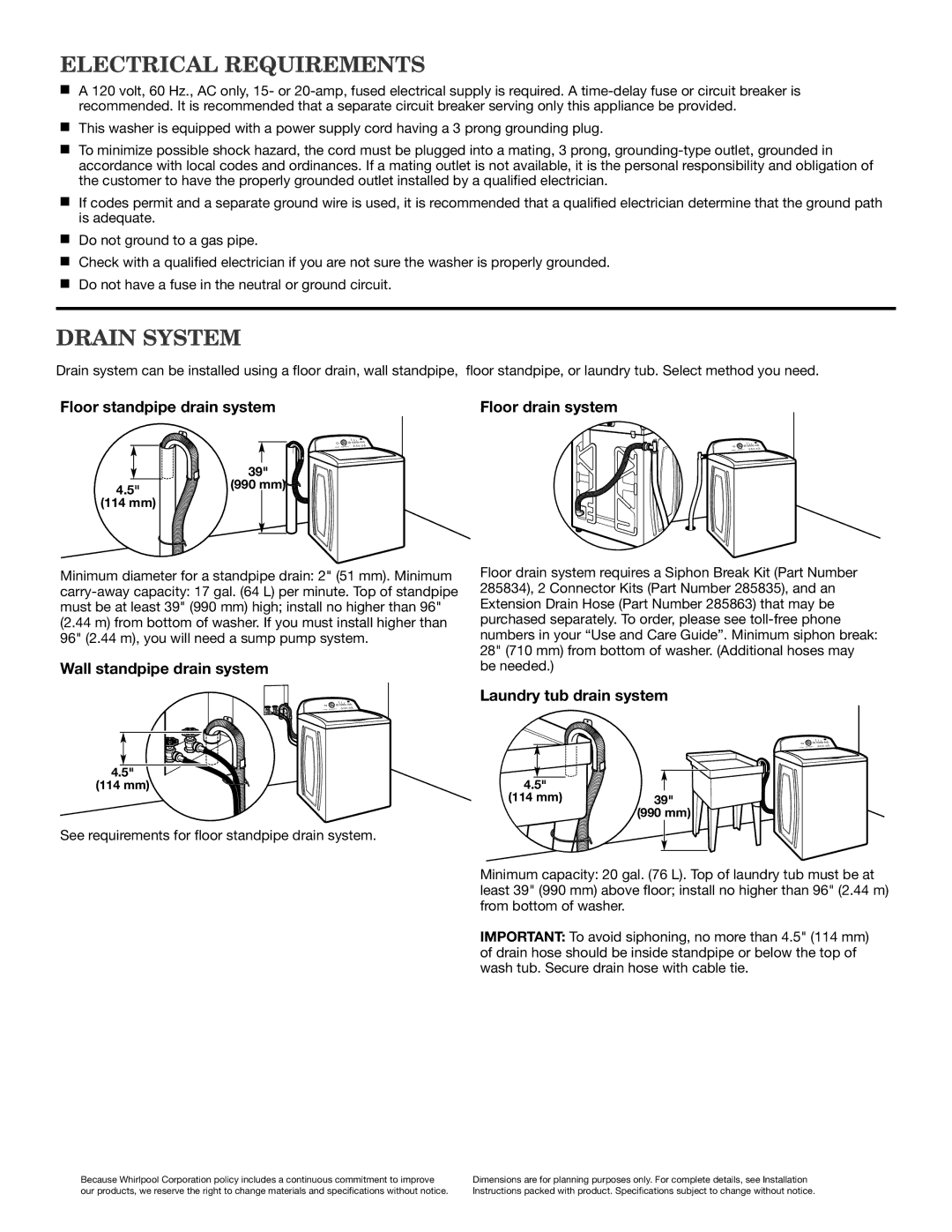 Maytag MVWX600B, MVWX500B, MVWX7000A Electrical Requirements, Drain System, Floor standpipe drain system Floor drain system 