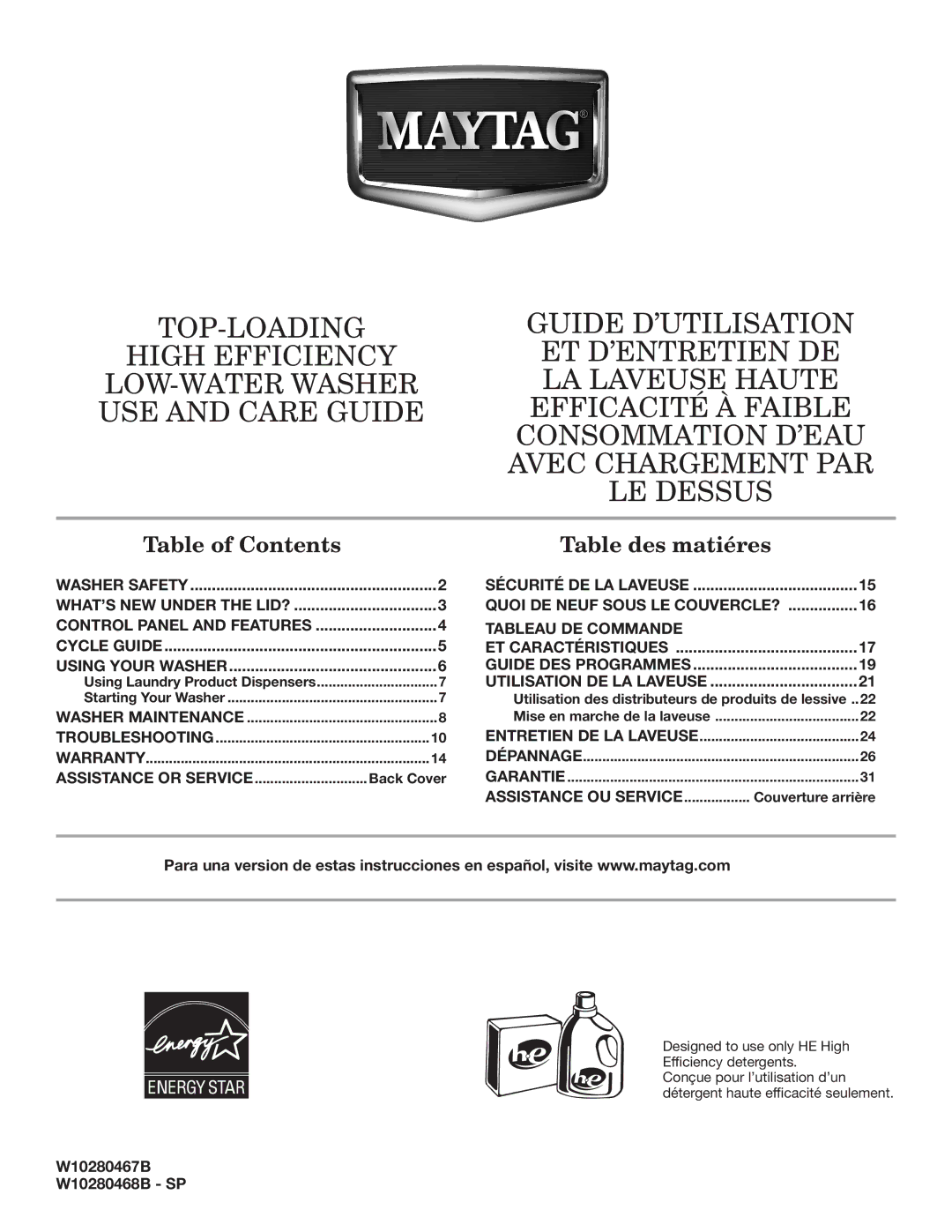 Maytag MVWX550XW warranty Table of Contents 