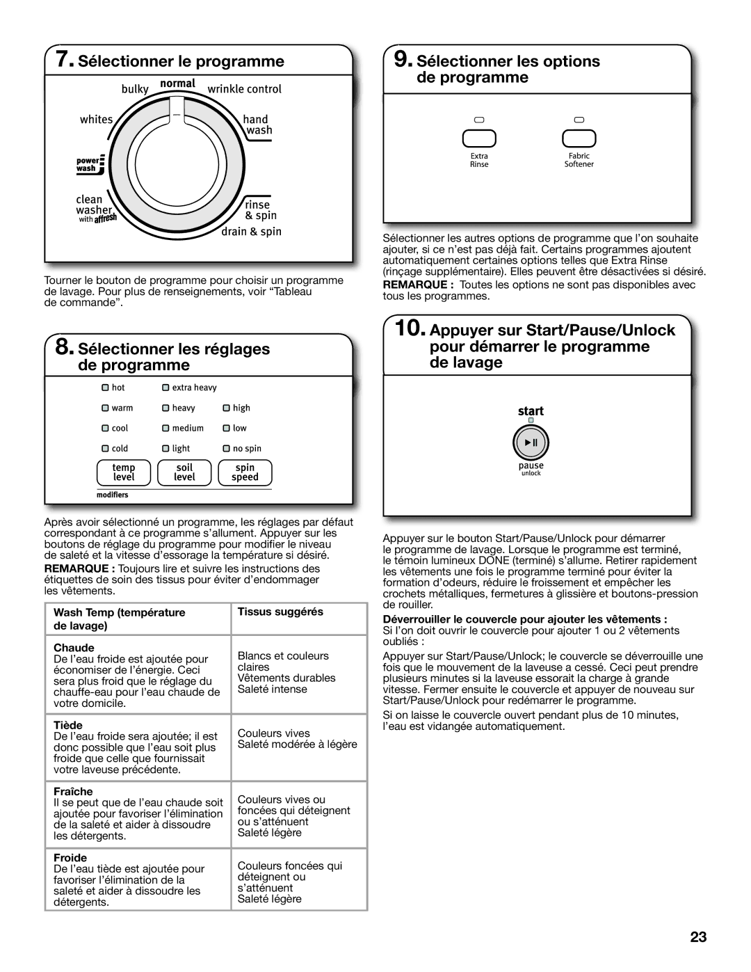 Maytag MVWX550XW Sélectionner le programme, Sélectionner les réglages de programme, Sélectionner les options de programme 