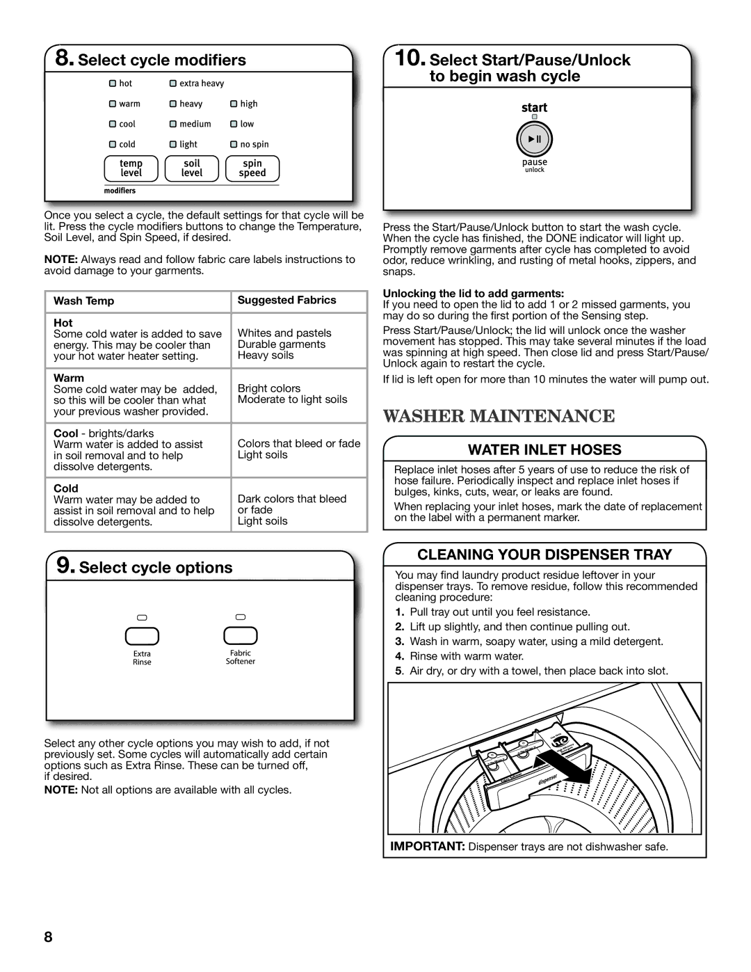 Maytag MVWX550XW warranty Washer Maintenance, Select cycle options 