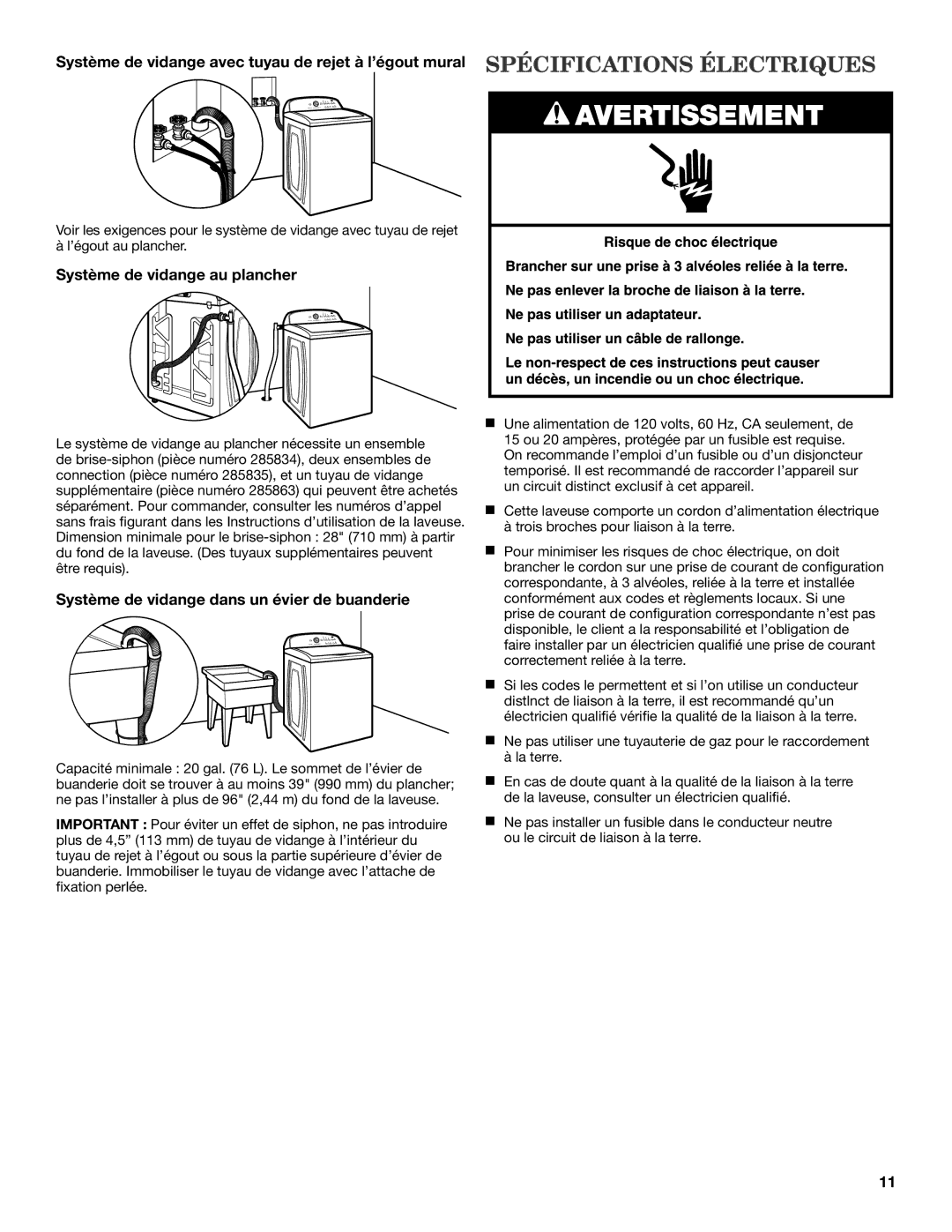 Maytag MVWX700XL installation instructions Système de vidange au plancher, Système de vidange dans un évier de buanderie 