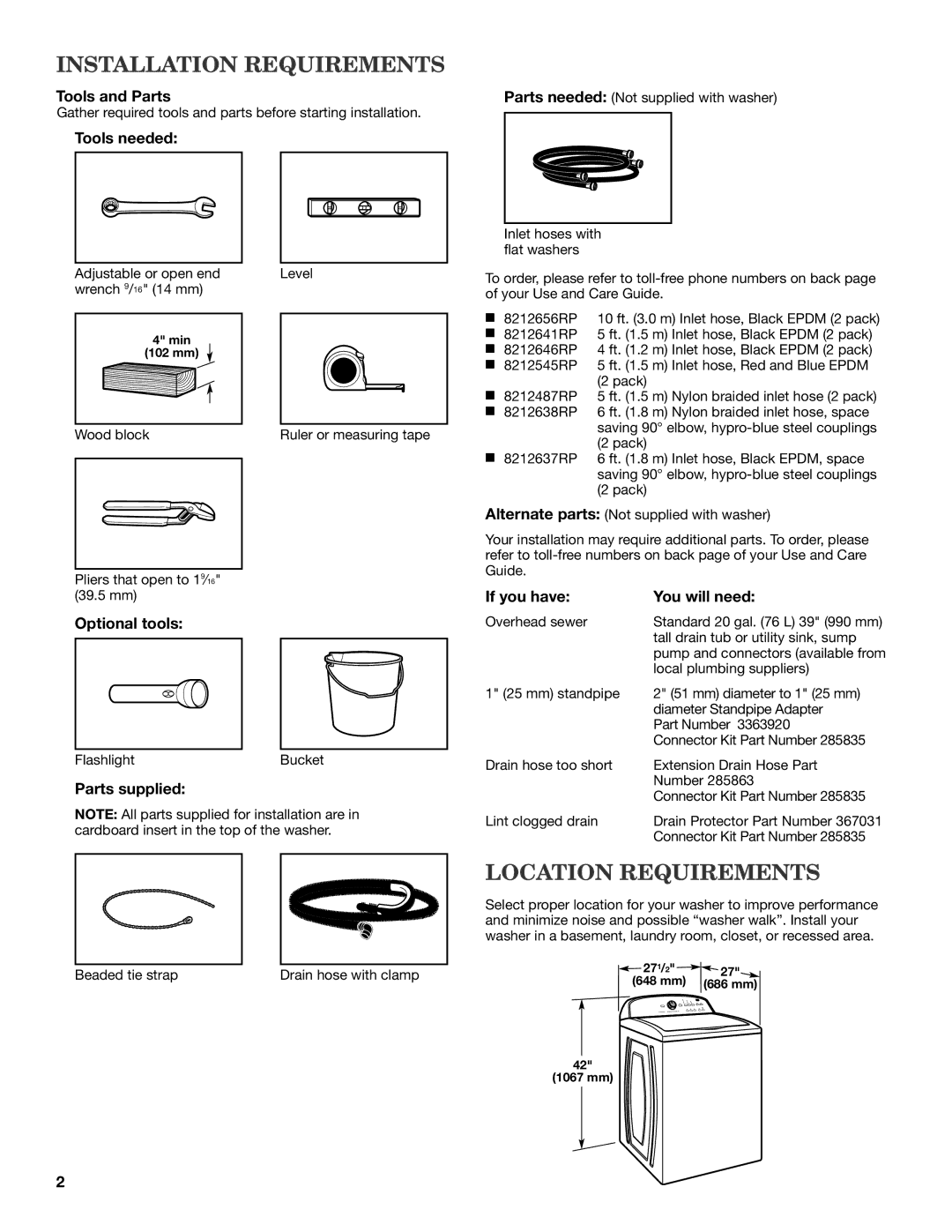 Maytag MVWX700XL installation instructions Installation Requirements, Location Requirements 