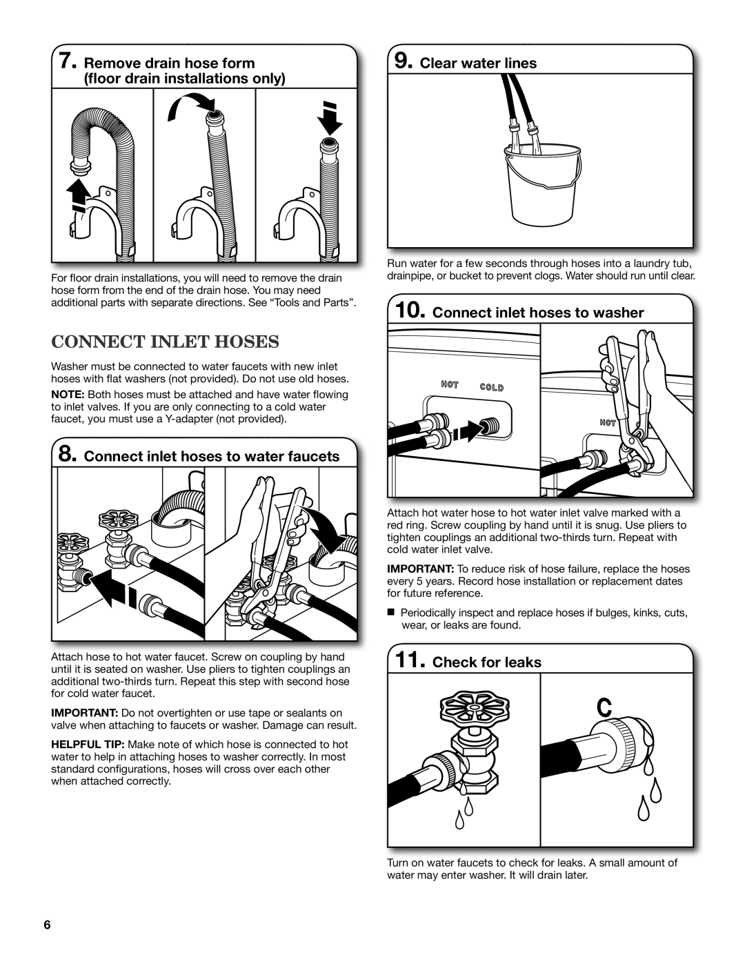 Maytag MVWX700XL Connect Inlet Hoses, Connect inlet hoses to water faucets, Connect inlet hoses to washer, Check for leaks 