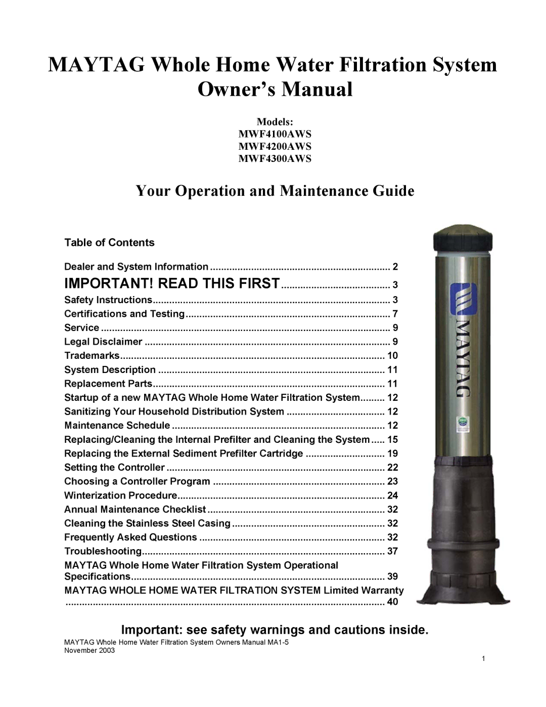 Maytag mwf4100aws owner manual Important see safety warnings and cautions inside, Table of Contents 