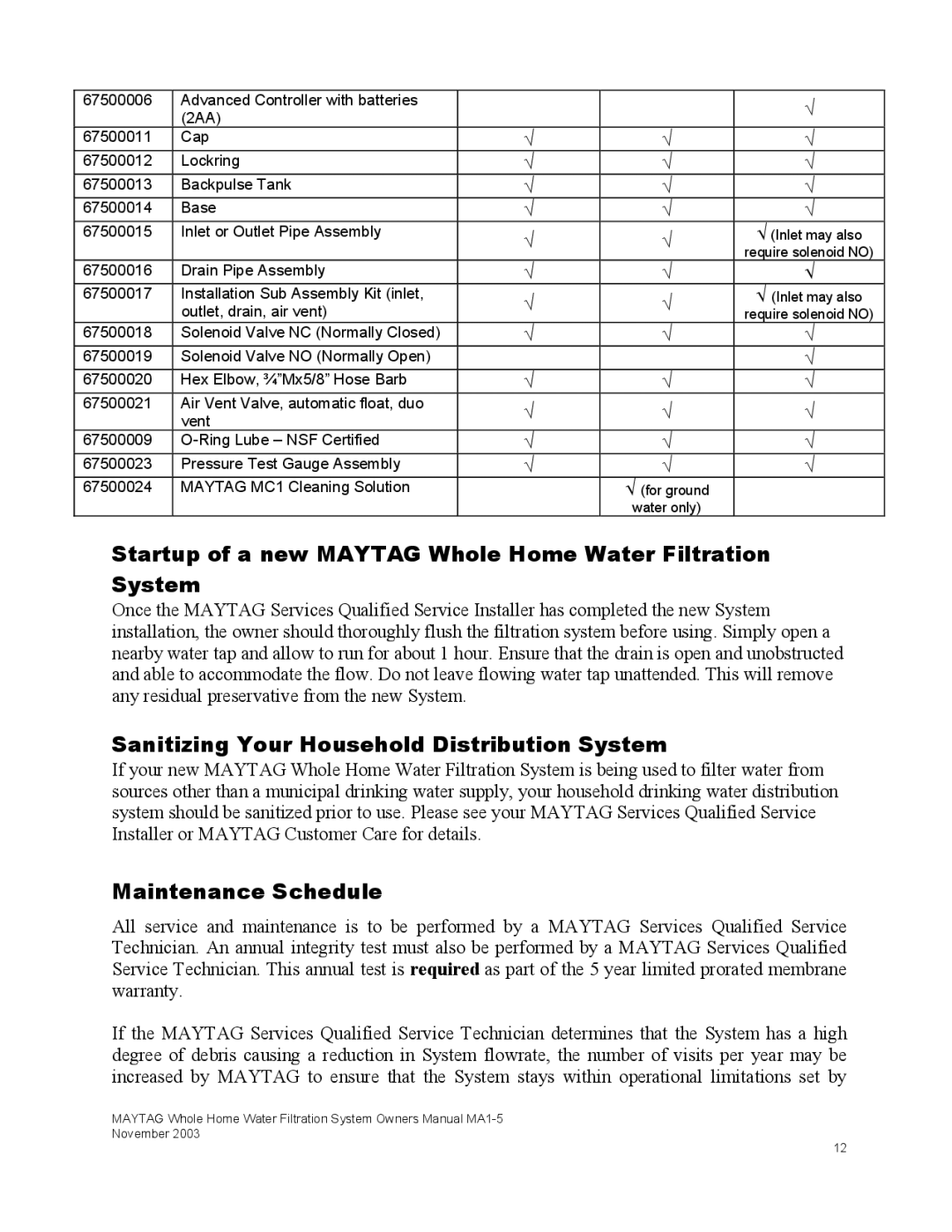 Maytag mwf4100aws owner manual Startup of a new Maytag Whole Home Water Filtration System, Maintenance Schedule 