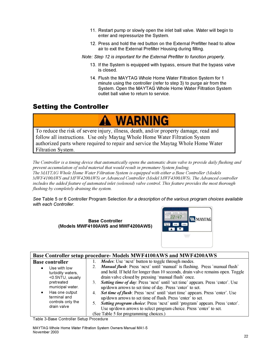 Maytag mwf4100aws owner manual Setting the Controller, Base Controller Models MWF4100AWS and MWF4200AWS 