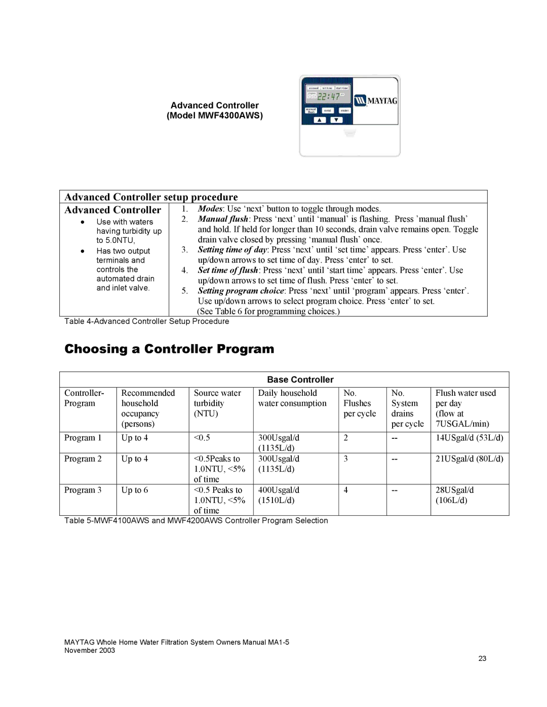 Maytag mwf4100aws owner manual Choosing a Controller Program, Advanced Controller Model MWF4300AWS, Base Controller 