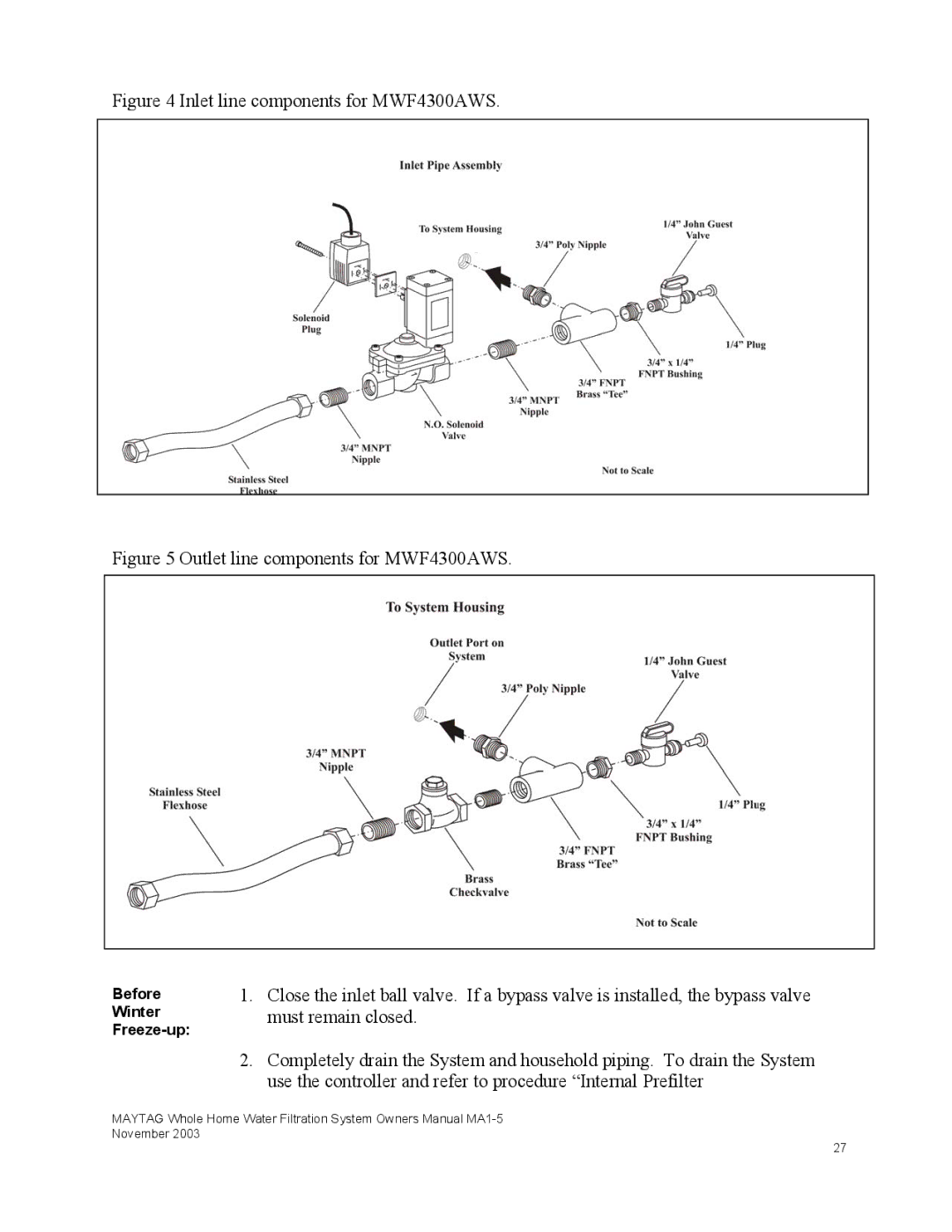 Maytag mwf4100aws owner manual Inlet line components for MWF4300AWS, Before Winter Freeze-up 