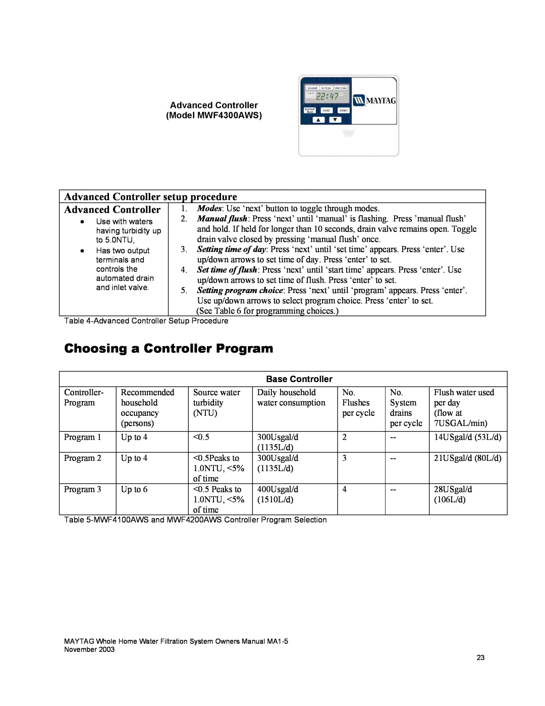 Maytag mwf4100aws owner manual Choosing a Controller Program, Advanced Controller setup procedure 