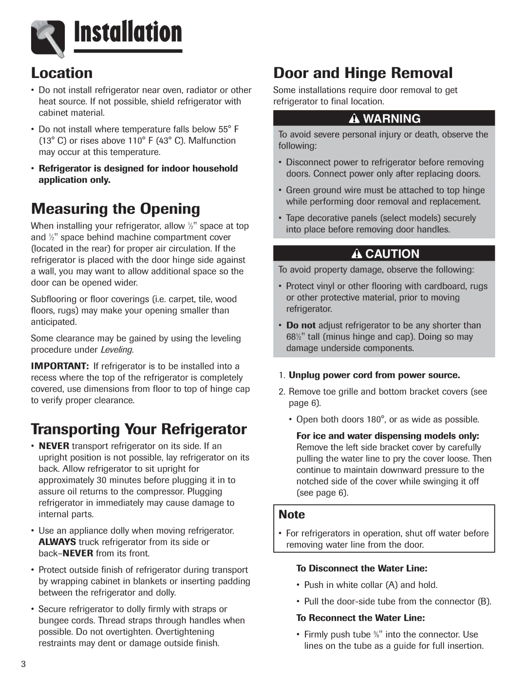 Maytag MZD2665HEQ Installation, Location, Measuring the Opening, Transporting Your Refrigerator, Door and Hinge Removal 