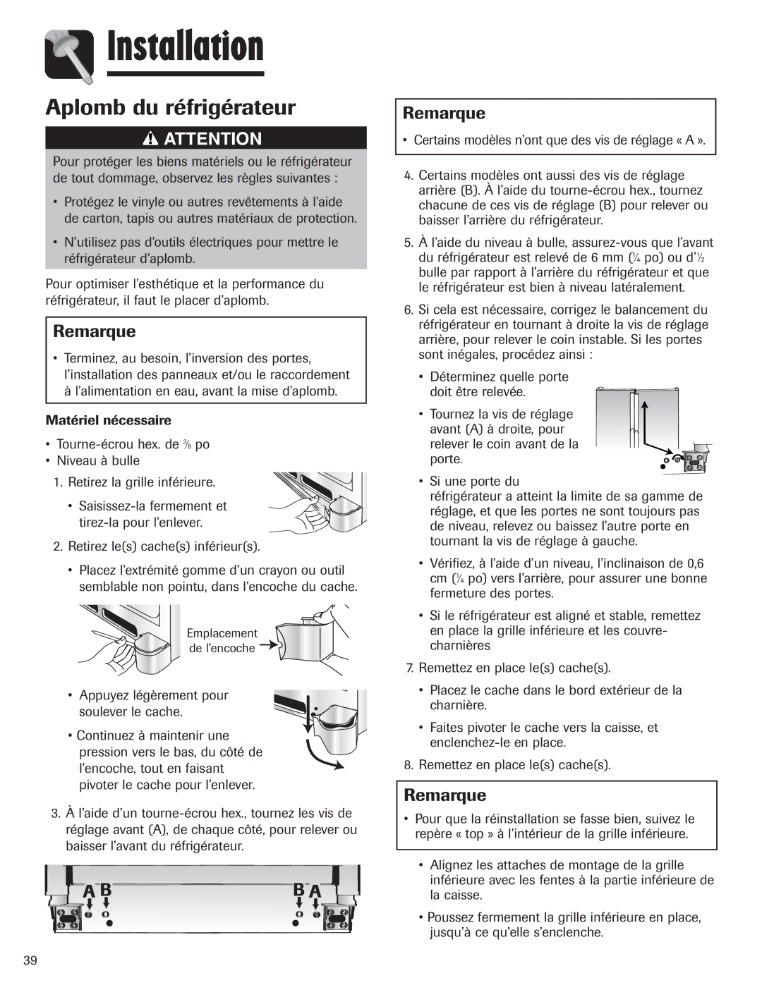 Maytag MZD2665HEQ, 12842130 manual Aplomb du réfrigérateur 