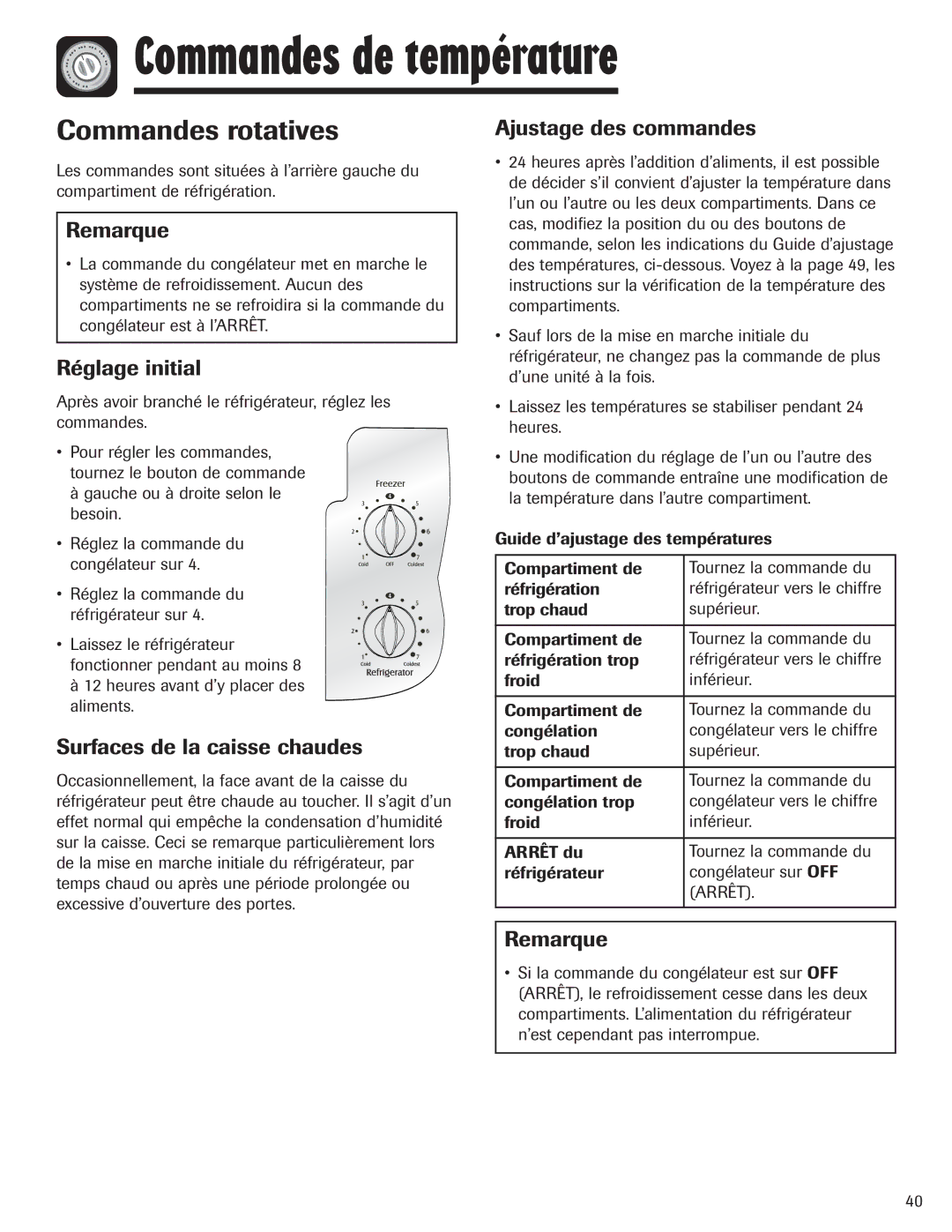 Maytag 12842130, MZD2665HEQ Commandes de température, Commandes rotatives, Réglage initial, Surfaces de la caisse chaudes 