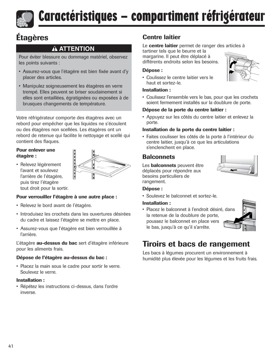 Maytag MZD2665HEQ, 12842130 manual Étagères, Tiroirs et bacs de rangement, Centre laitier, Balconnets 