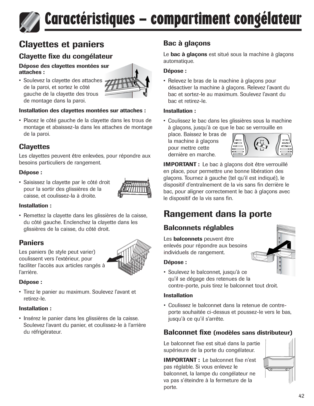 Maytag 12842130, MZD2665HEQ manual Clayettes et paniers, Rangement dans la porte 