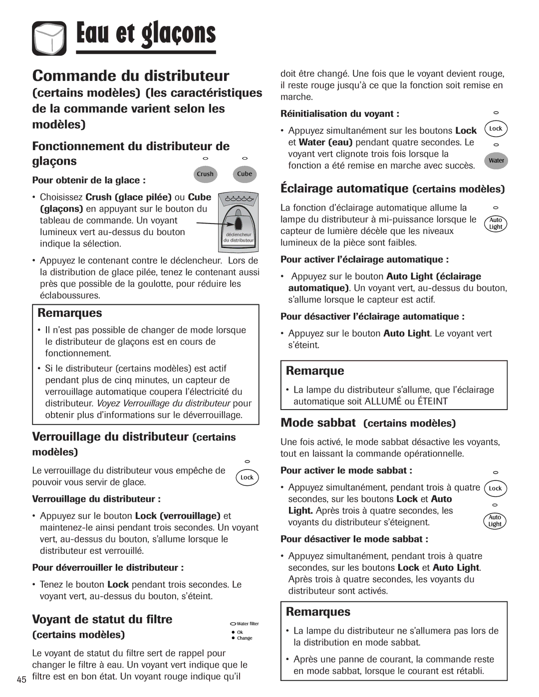 Maytag MZD2665HEQ Commande du distributeur, Éclairage automatique certains modèles, Remarques, Voyant de statut du filtre 