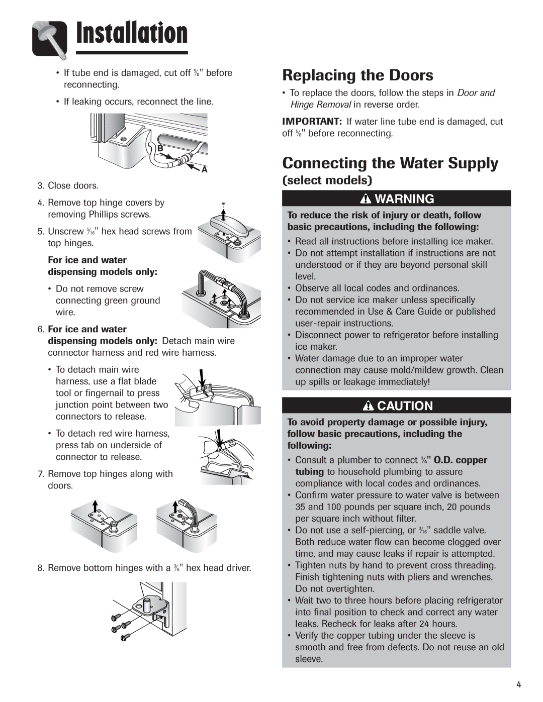 Maytag 12842130, MZD2665HEQ manual Replacing the Doors, Connecting the Water Supply, Select models 