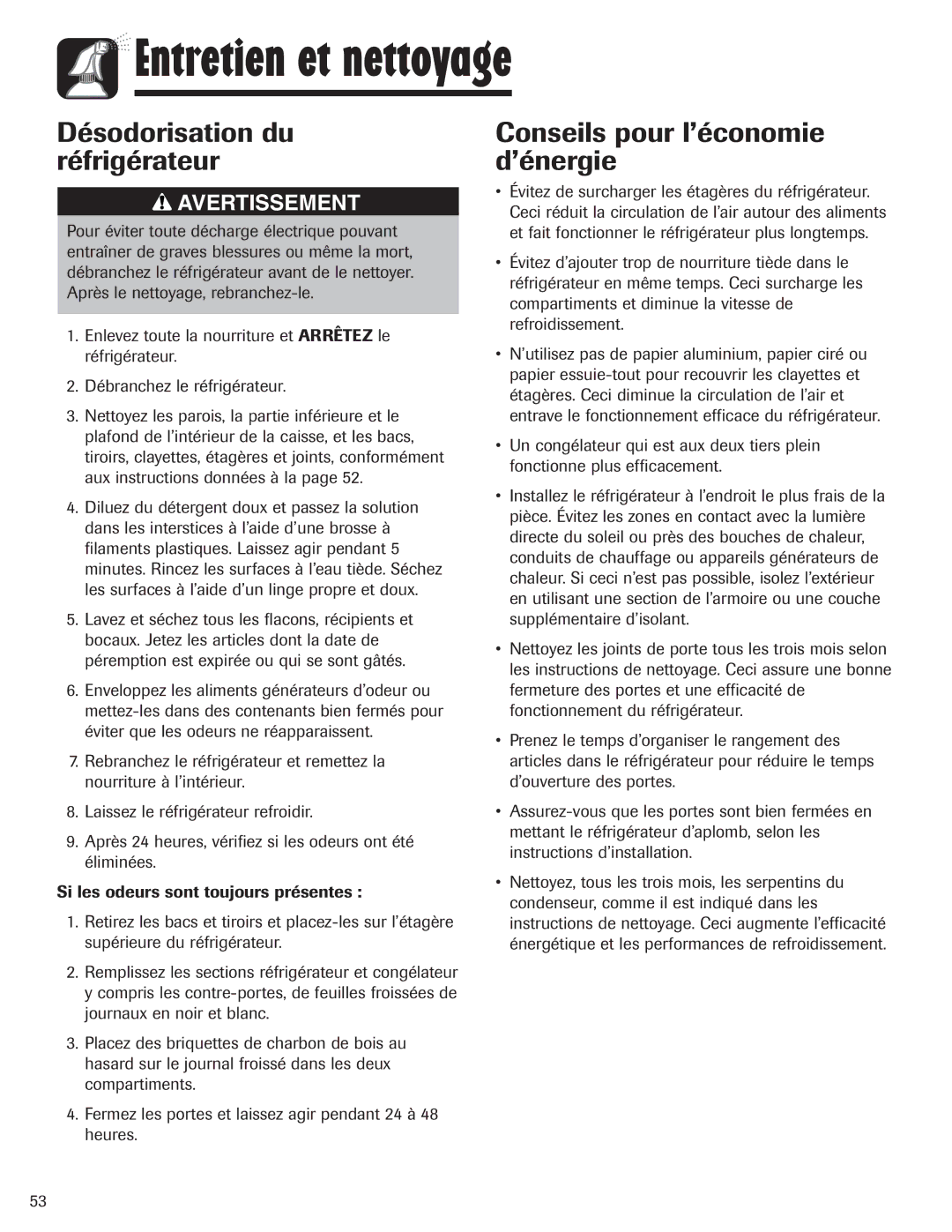 Maytag MZD2665HEQ, 12842130 manual Désodorisation du réfrigérateur, Conseils pour l’économie d’énergie 