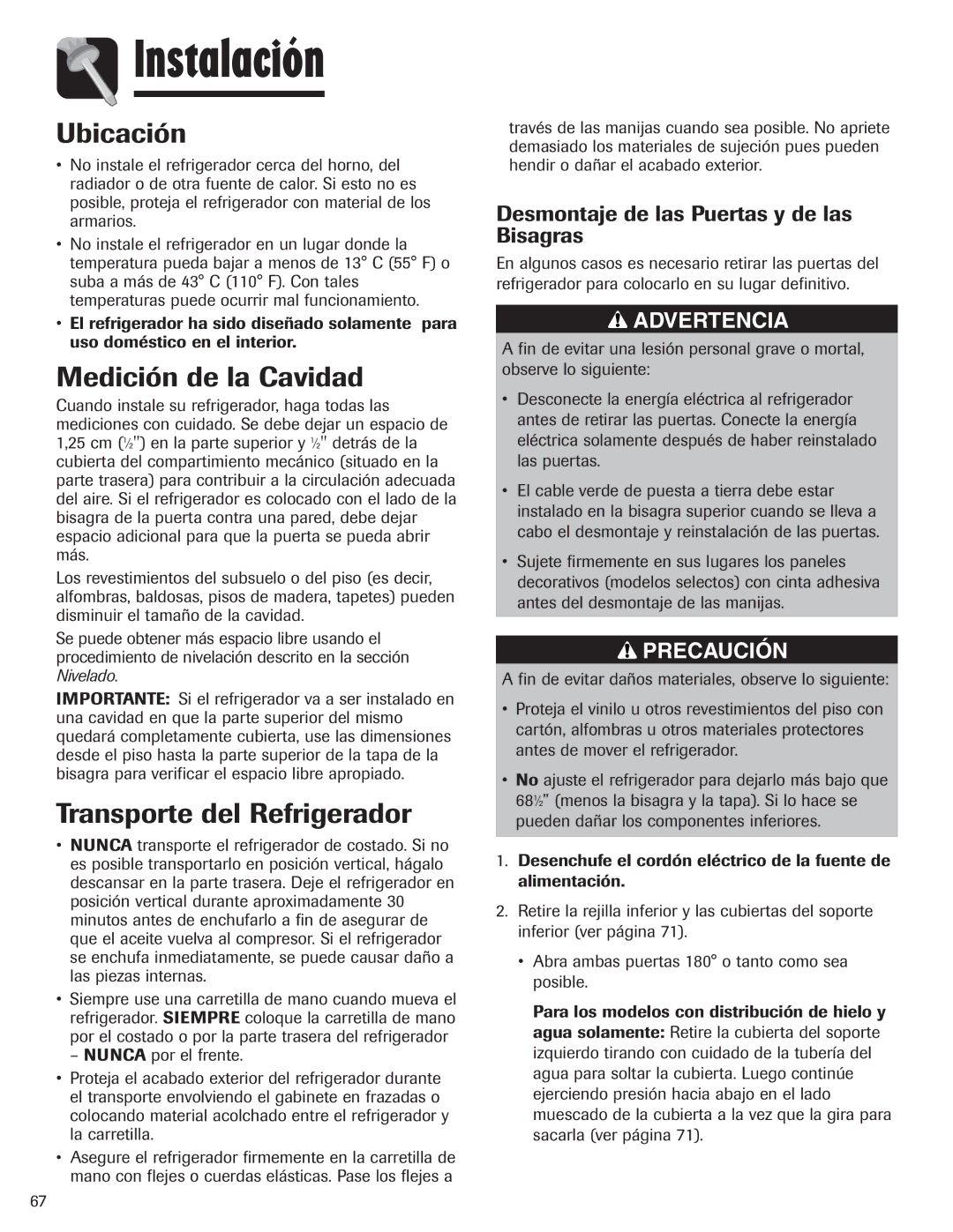 Maytag MZD2665HEQ, 12842130 manual Instalación, Ubicación, Medición de la Cavidad, Transporte del Refrigerador 