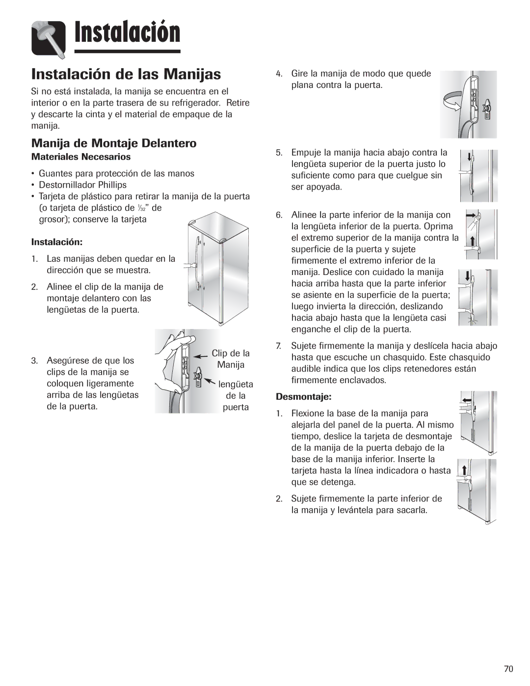 Maytag 12842130 manual Instalación de las Manijas, Manija de Montaje Delantero, Clip de la Manija Lengüeta De la Puerta 